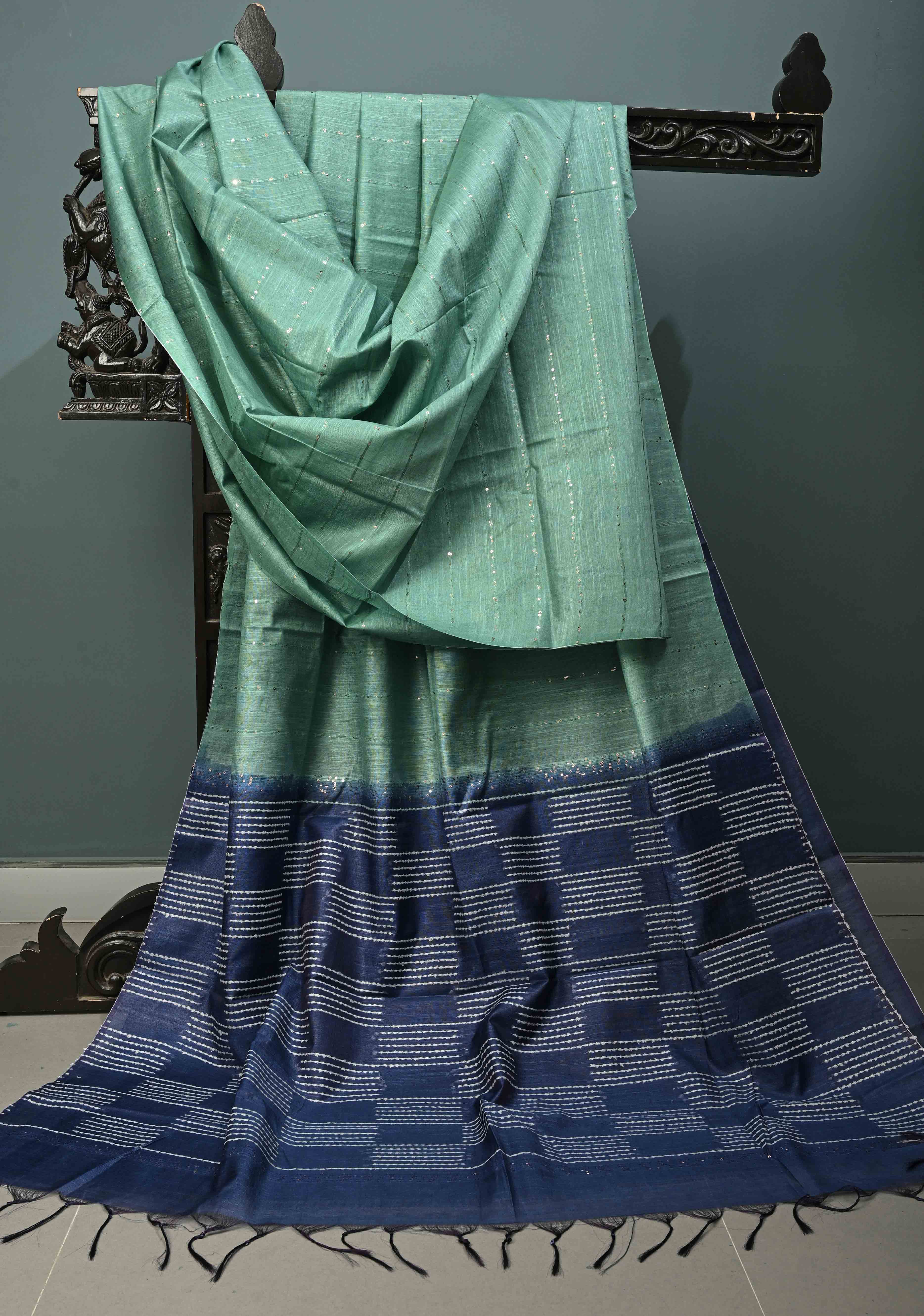 Seafoam Green Borderless Semi Tussar Saree with Sequins Horizontal Stripes and Contrast Pallu | Shobitam