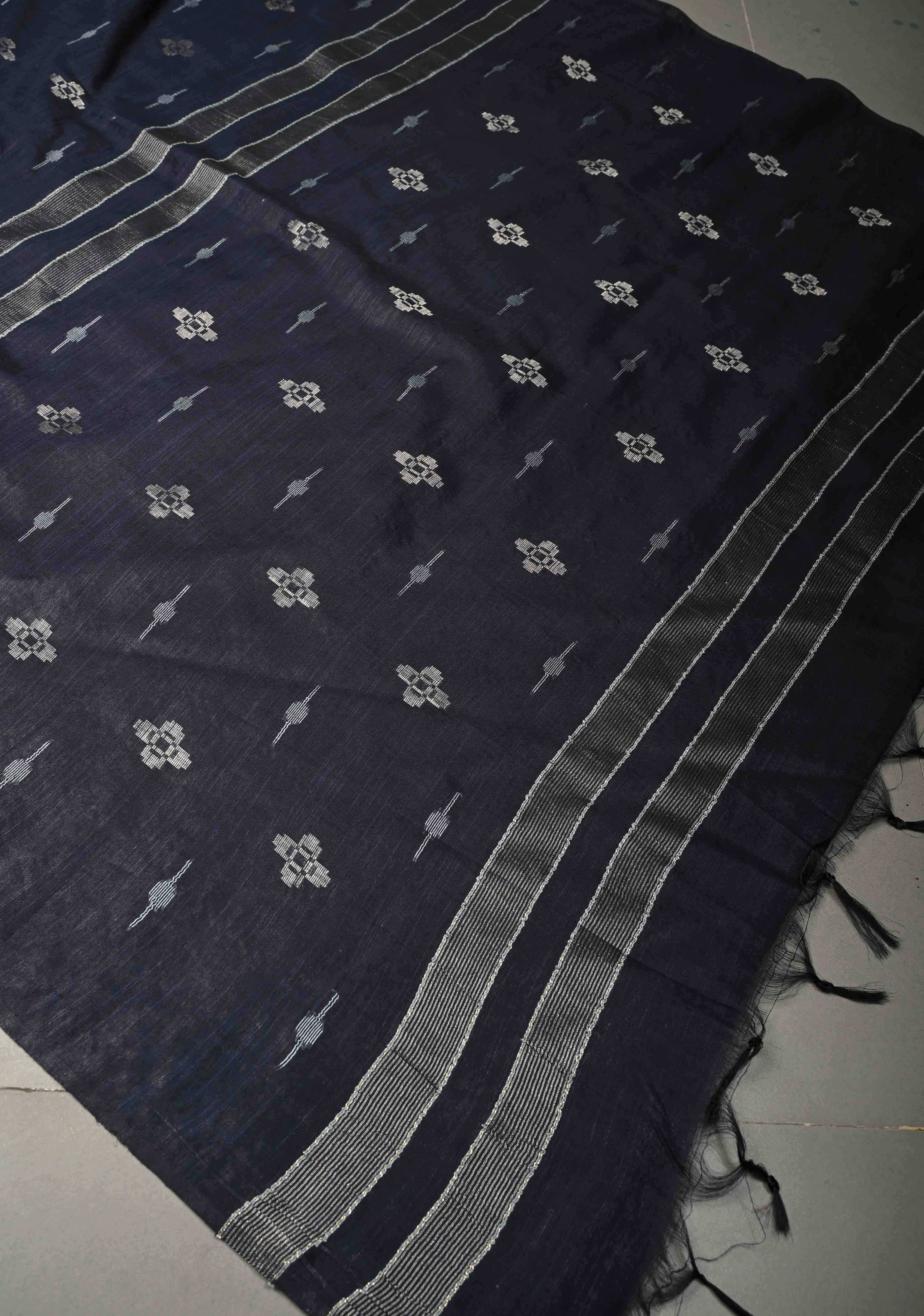 Midnight Blue Borderless Semi Tussar Saree with Thread and Zari Buttas | Shobitam