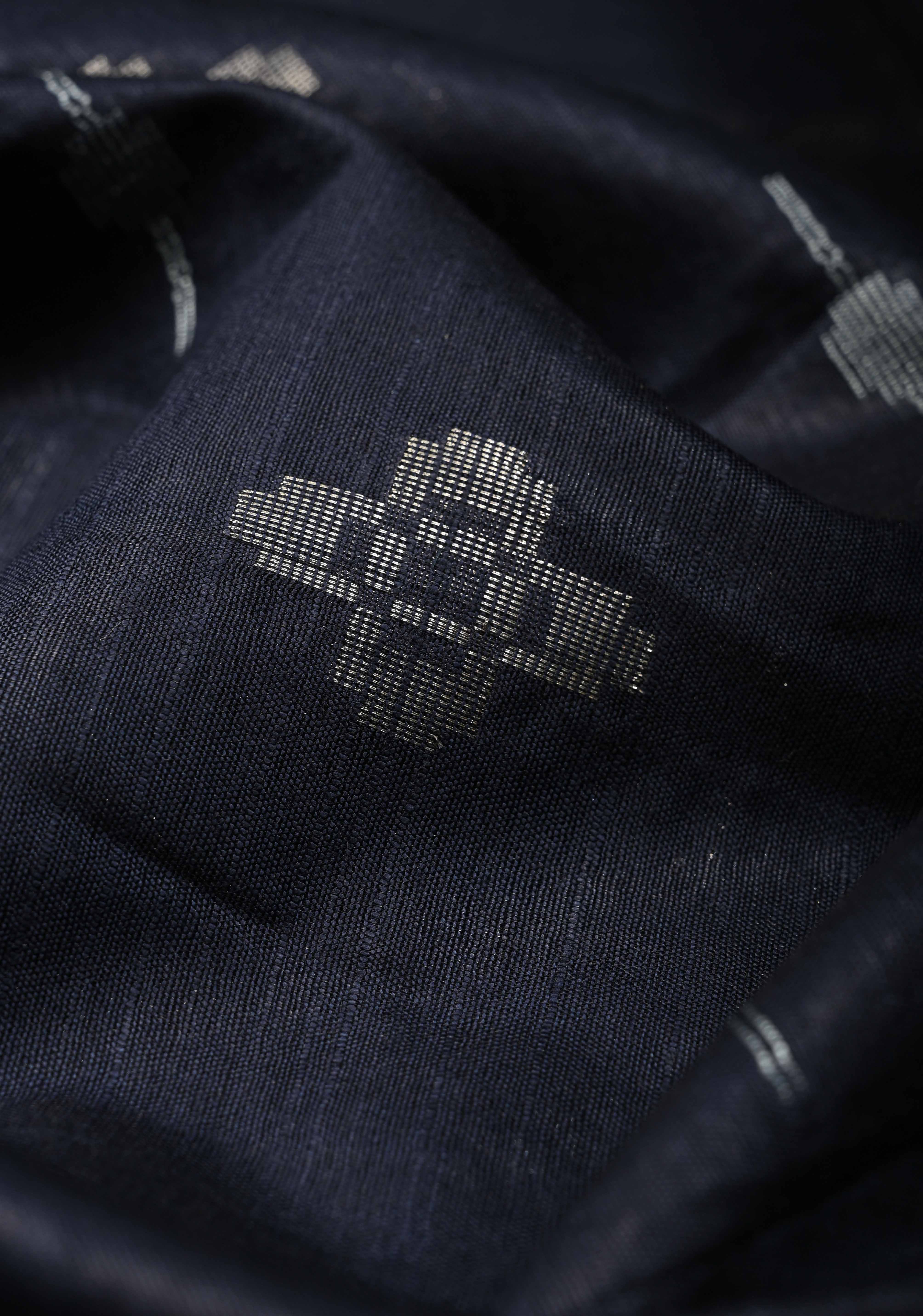 Midnight Blue Borderless Semi Tussar Saree with Thread and Zari Buttas | Shobitam