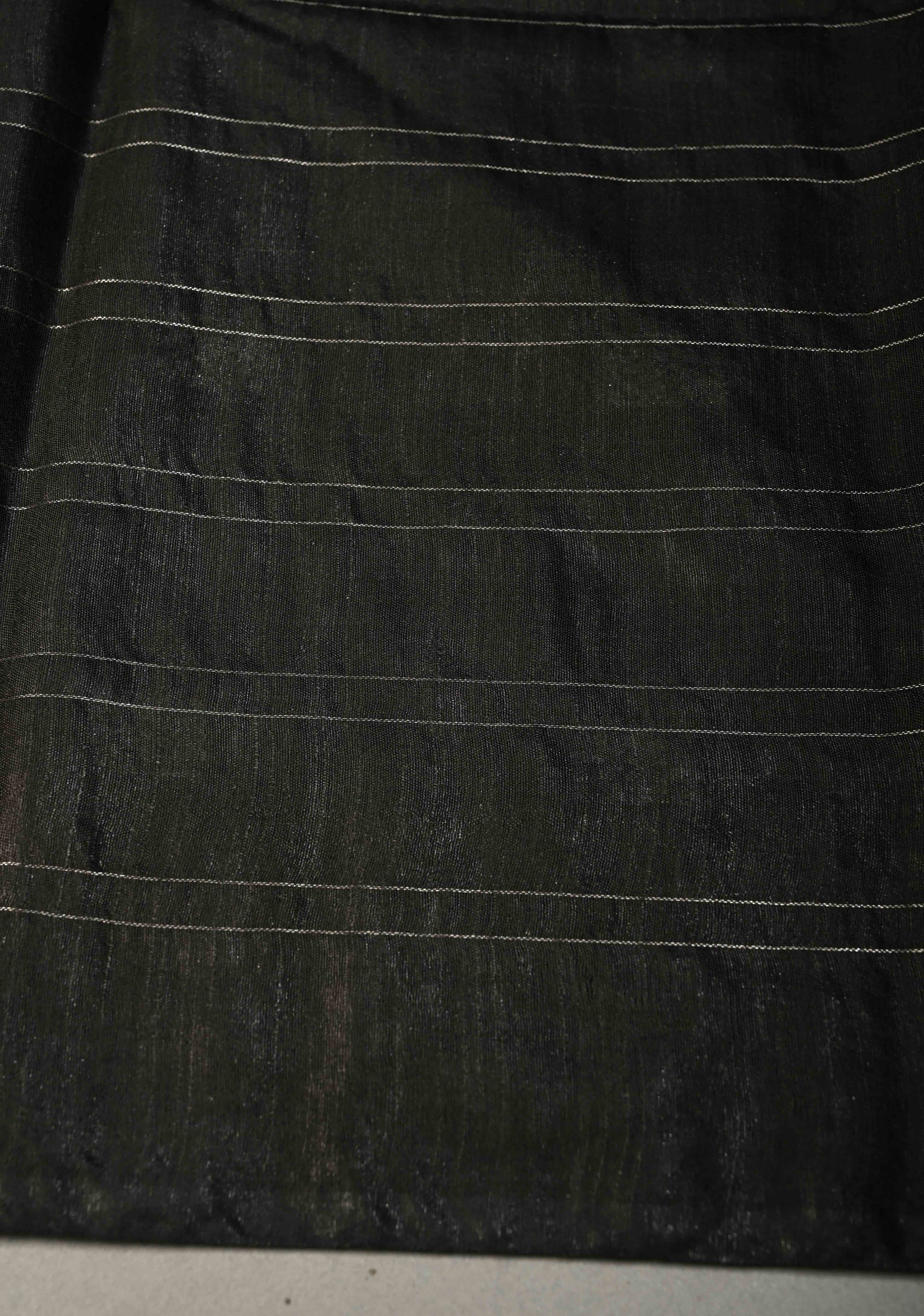 Black Borderless Semi Tussar Saree with Zari Buttas and Zari Checks | Shobitam