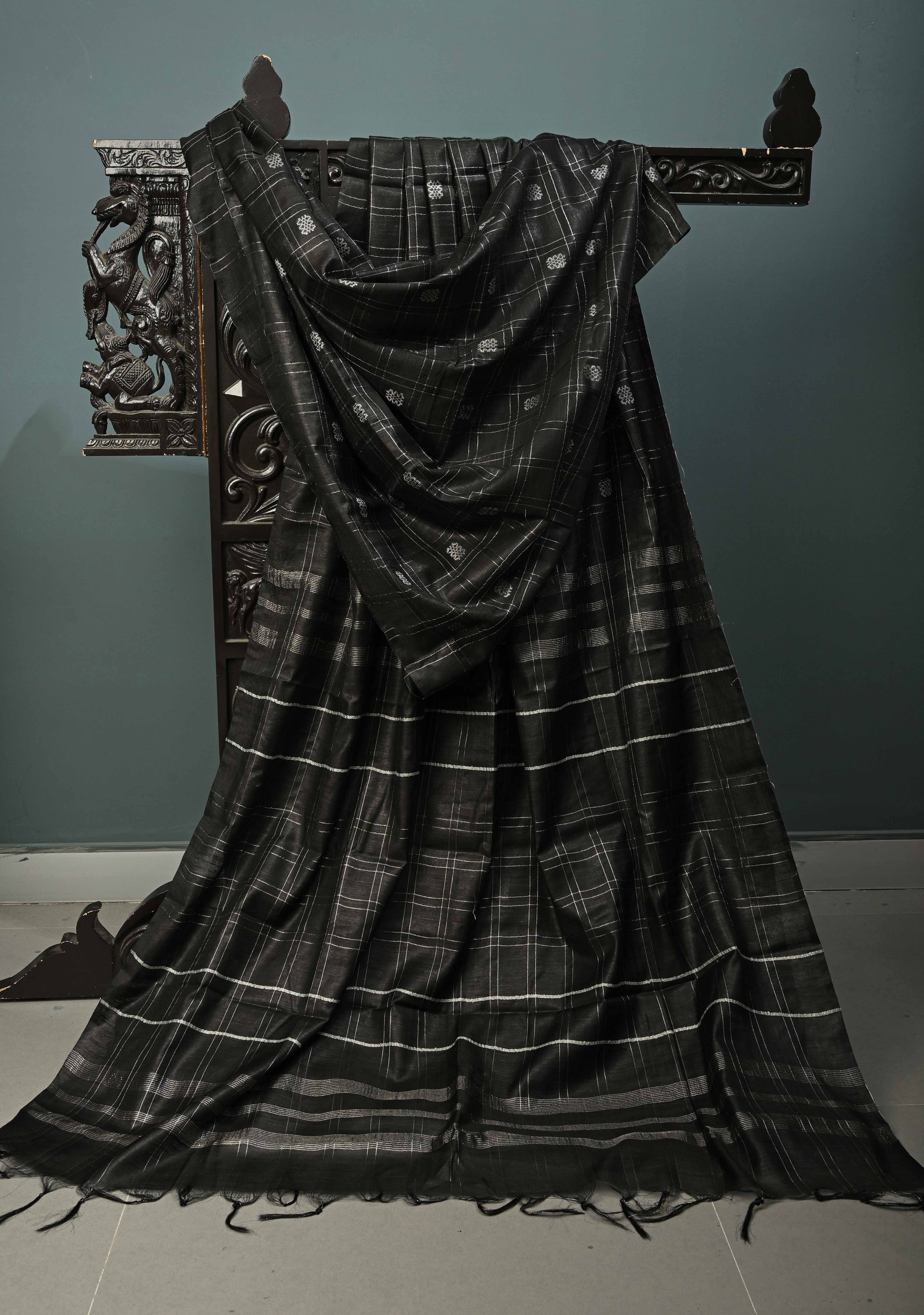 Black Borderless Semi Tussar Saree with Zari Buttas and Zari Checks | Shobitam