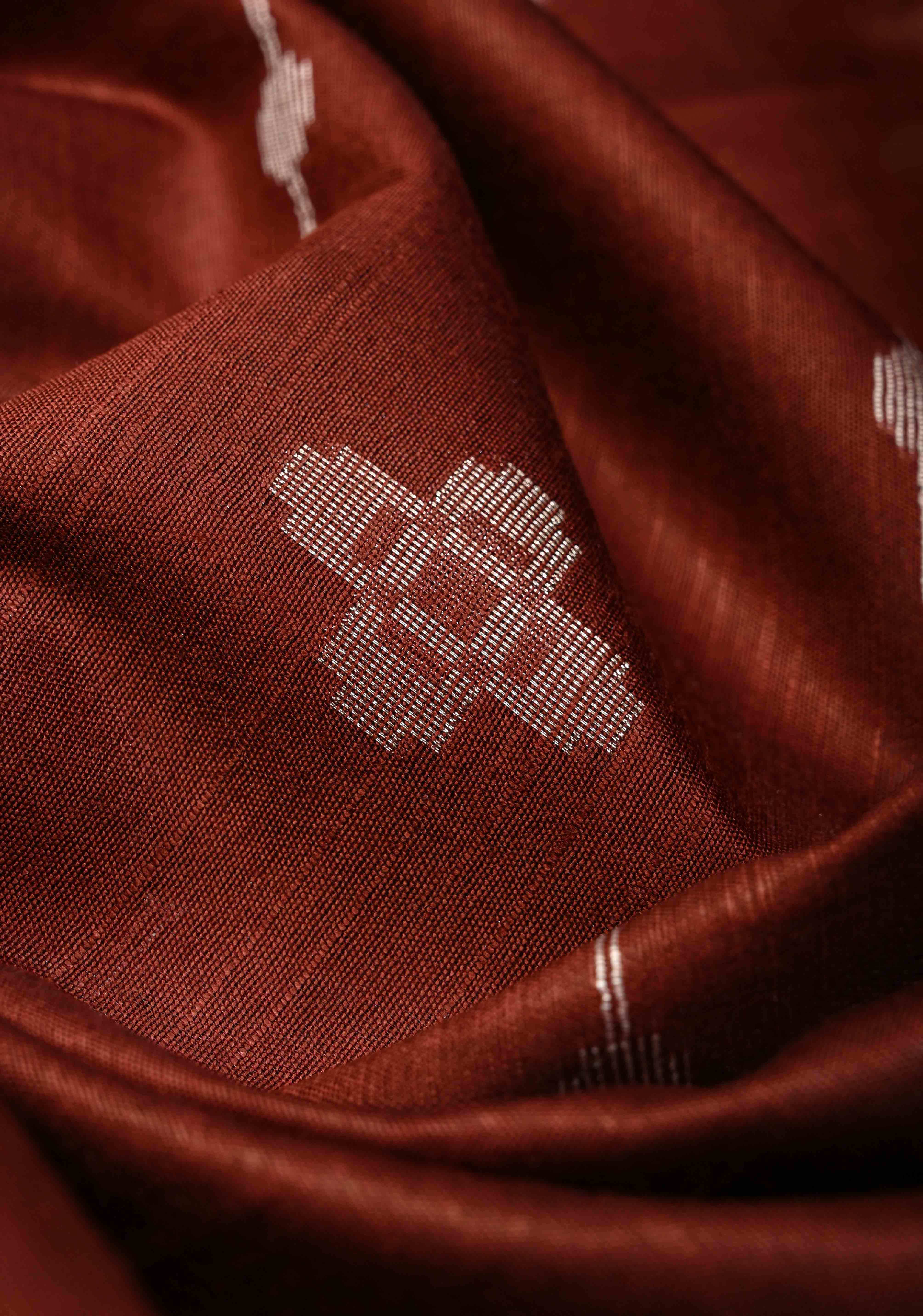 Deep Maroon Borderless Semi Tussar Saree with Thread and Muted Zari Buttas | Shobitam