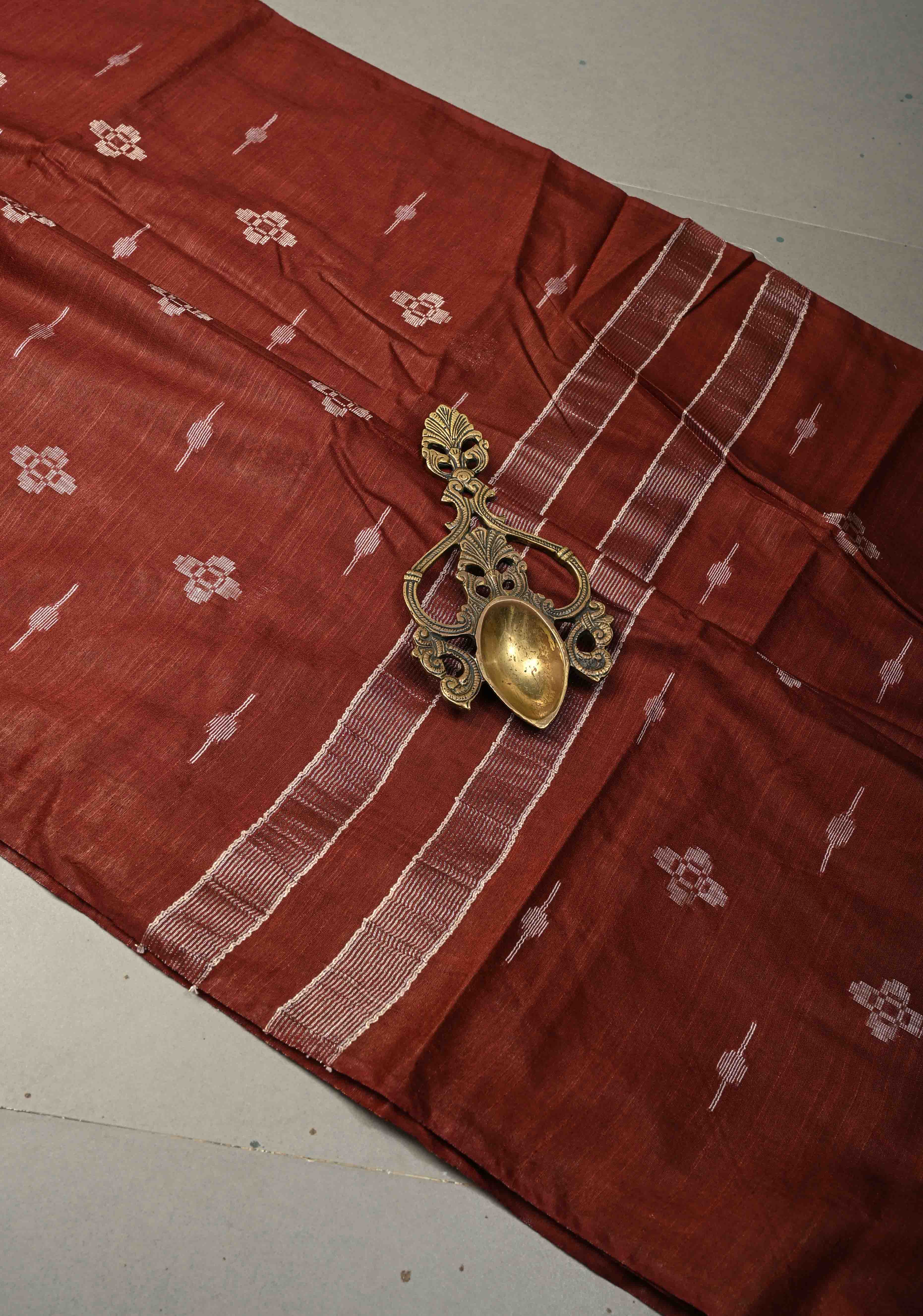 Deep Maroon Borderless Semi Tussar Saree with Thread and Muted Zari Buttas | Shobitam