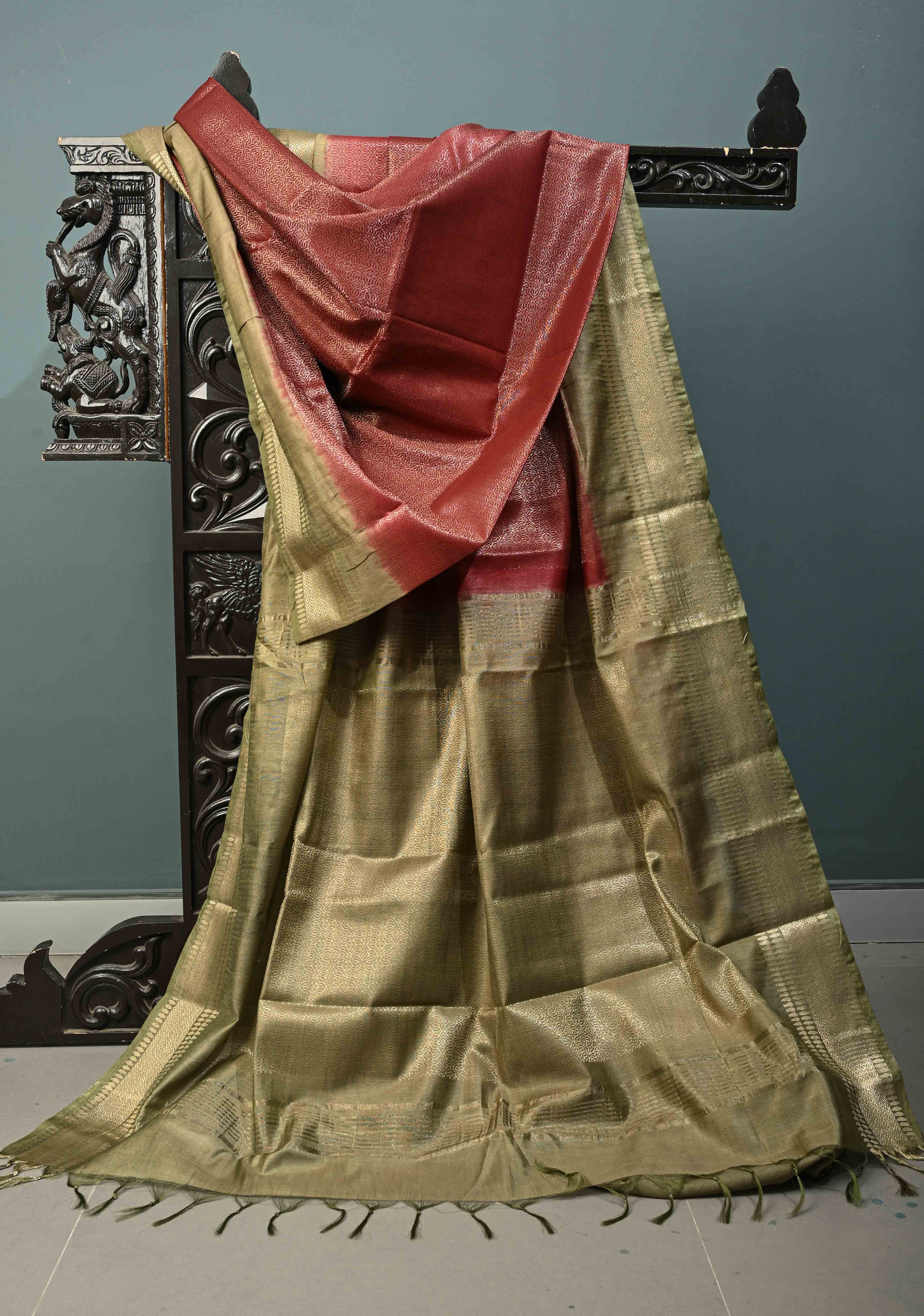 Coffee Brown Semi Tussar Tissue Saree with Contrast Zari Border and Pallu