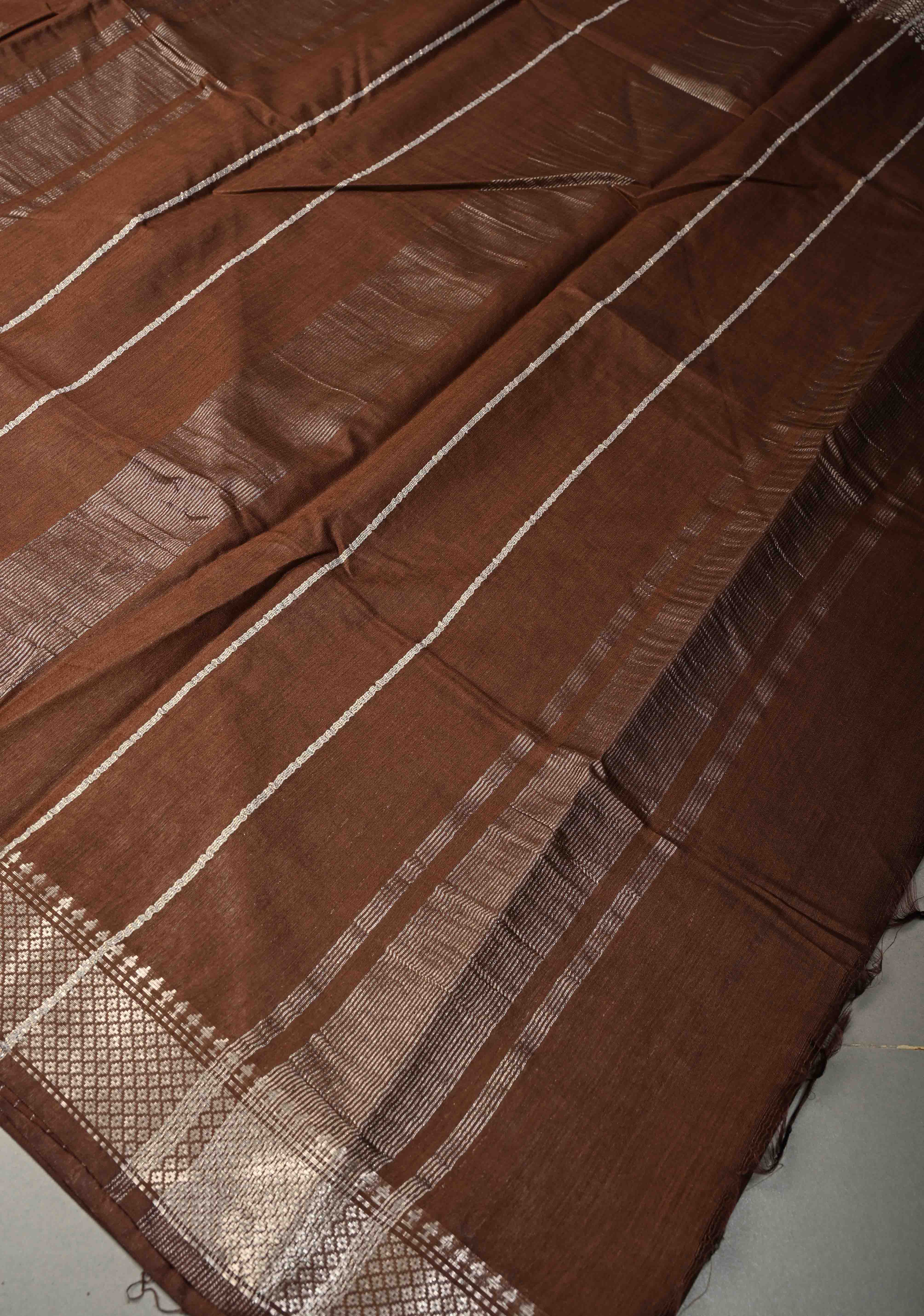 Coffee Brown Semi Tussar Saree with Thread Buttas and Silver Zari Border | Shobitam
