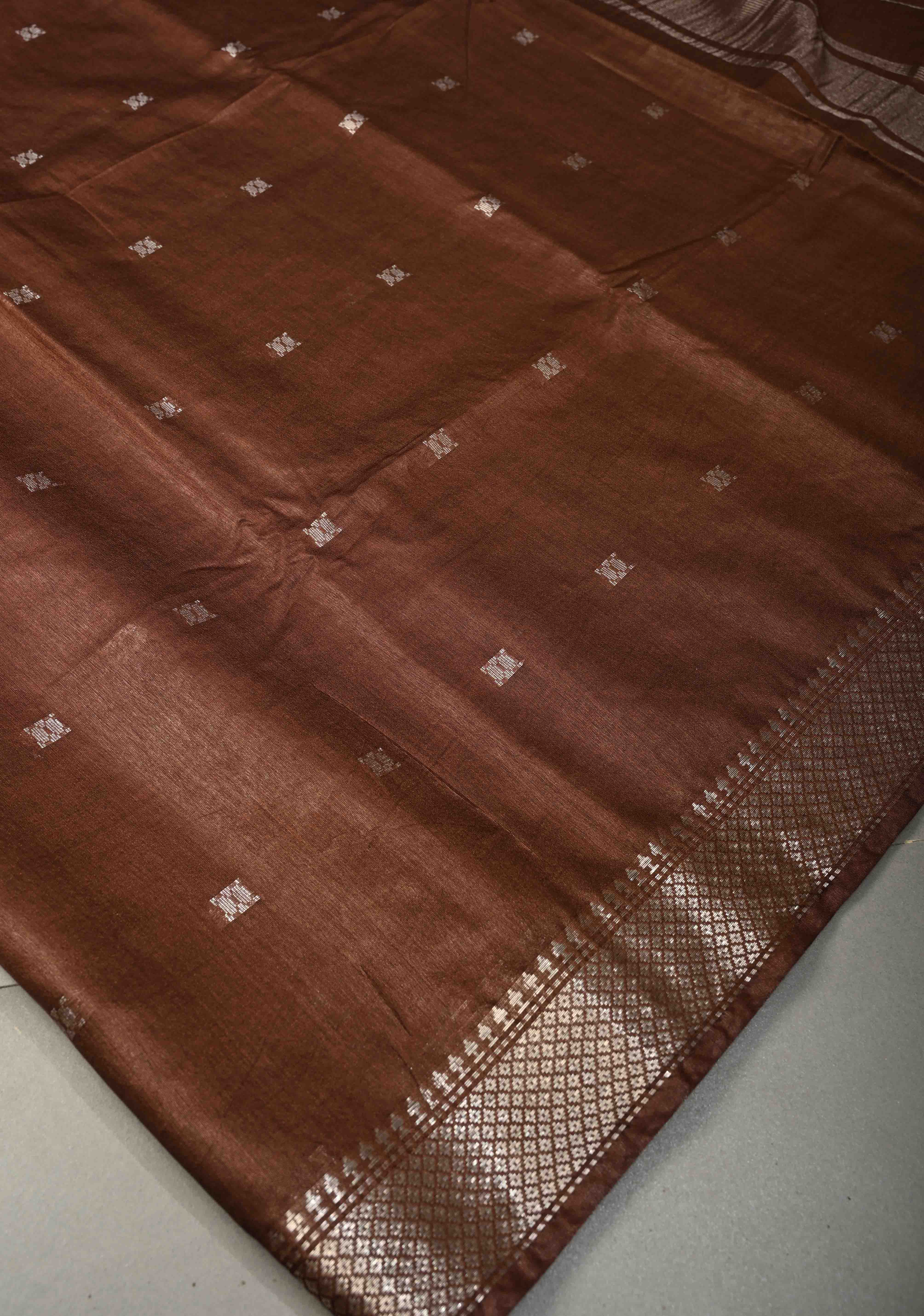 Coffee Brown Semi Tussar Saree with Thread Buttas and Silver Zari Border | Shobitam