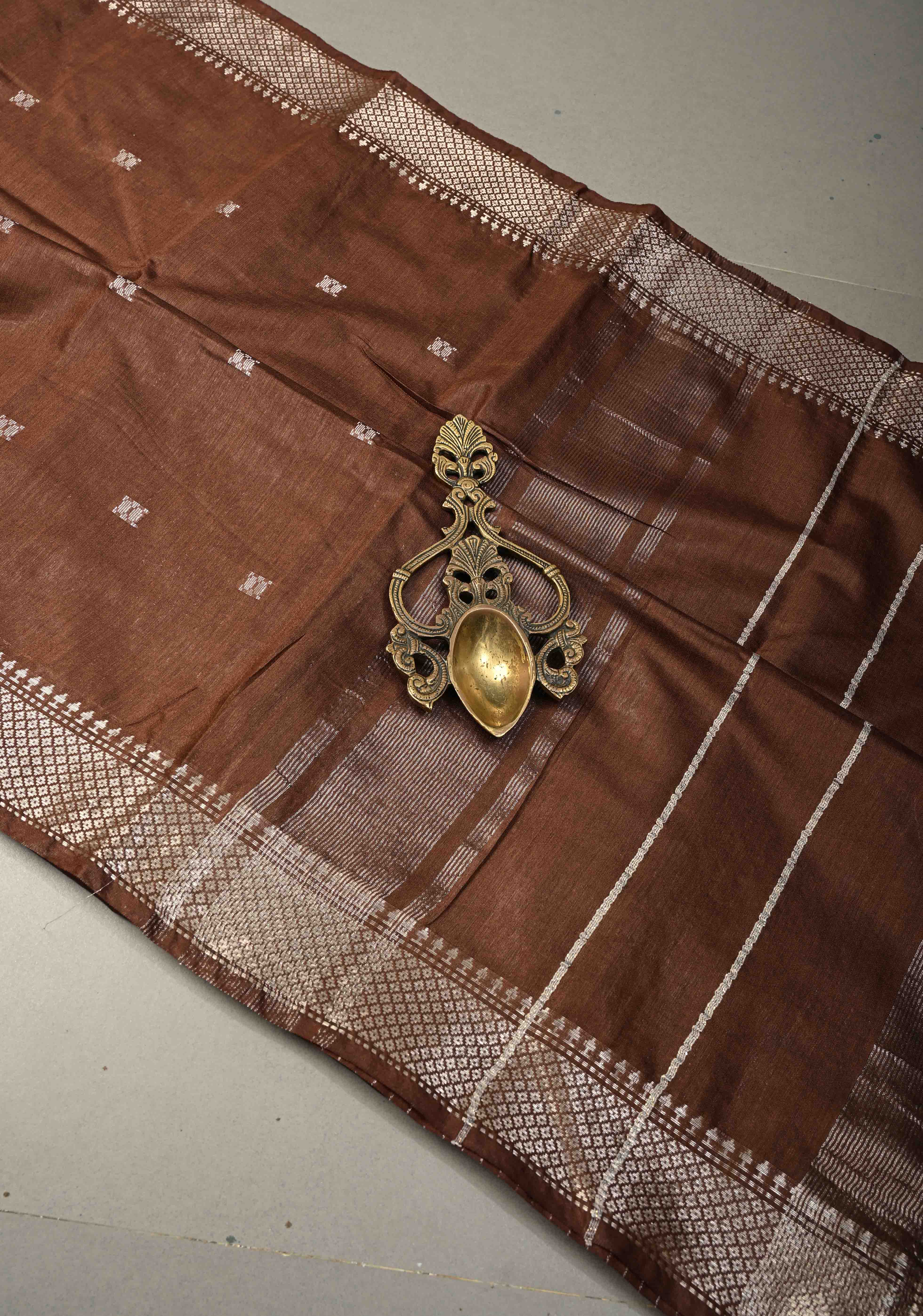 Coffee Brown Semi Tussar Saree with Thread Buttas and Silver Zari Border | Shobitam