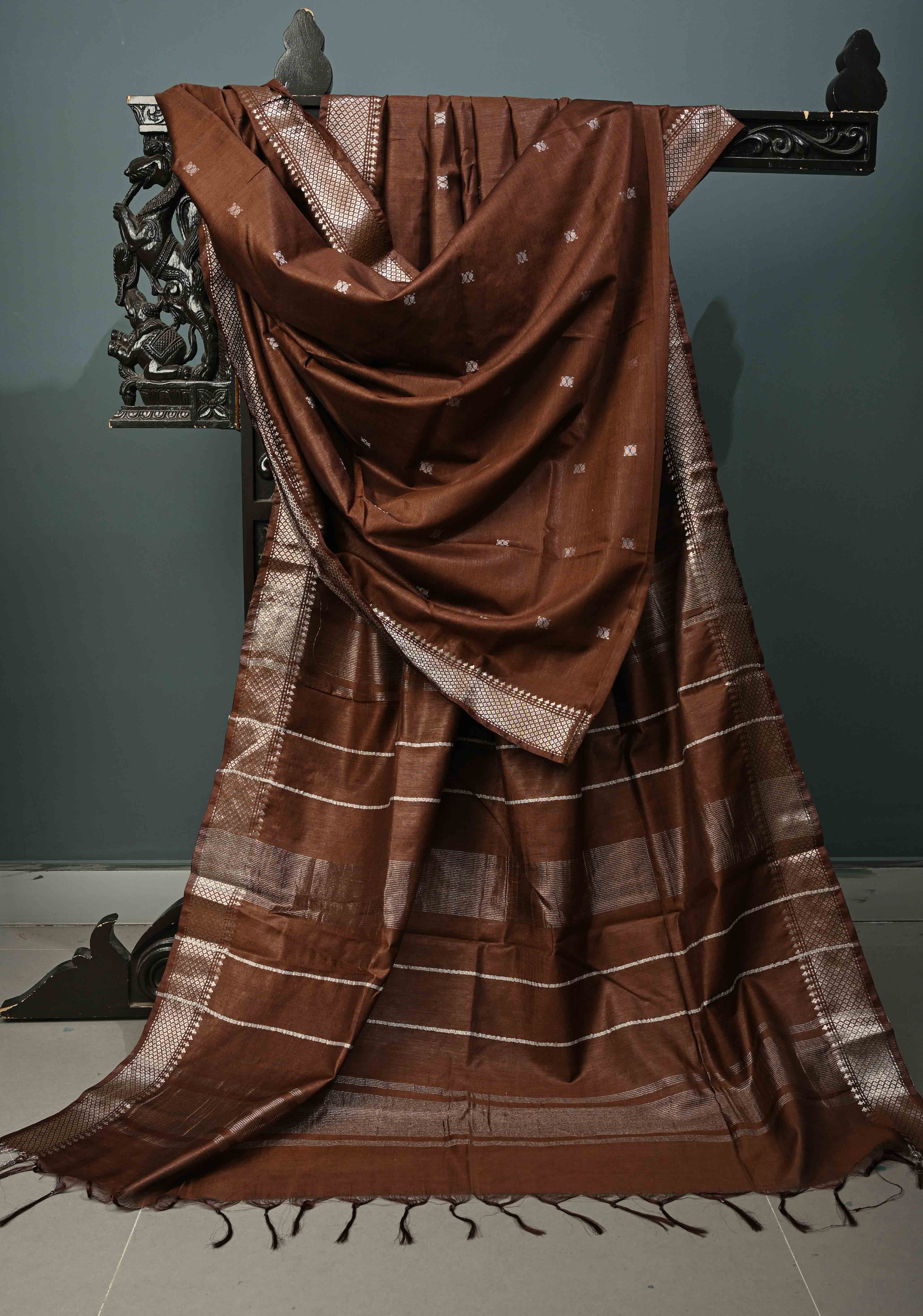 Coffee Brown Semi Tussar Saree with Thread Buttas and Silver Zari Border | Shobitam
