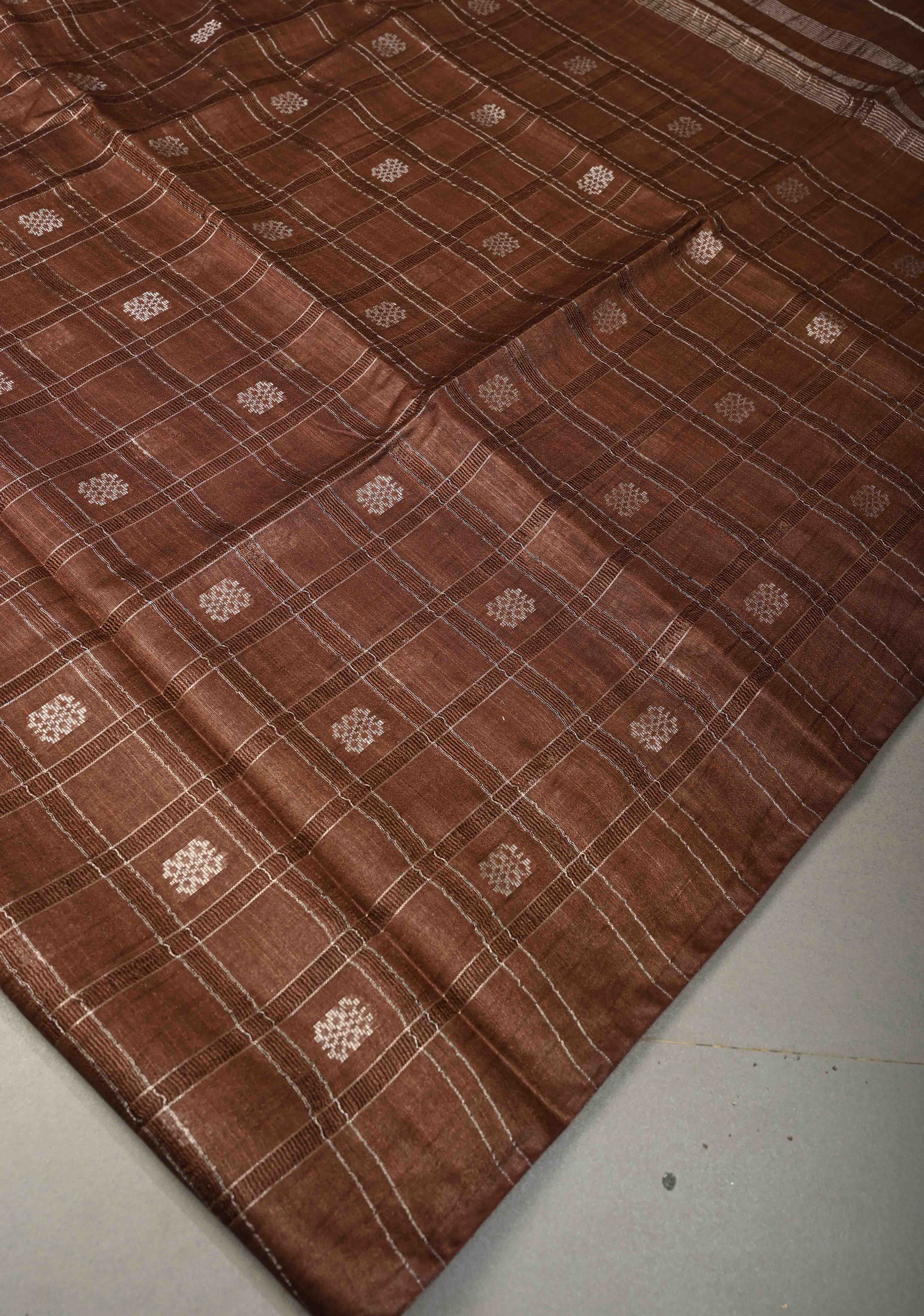 Coffee Brown Borderless Semi Tussar Saree with Zari Buttas and Zari Checks | Shobitam