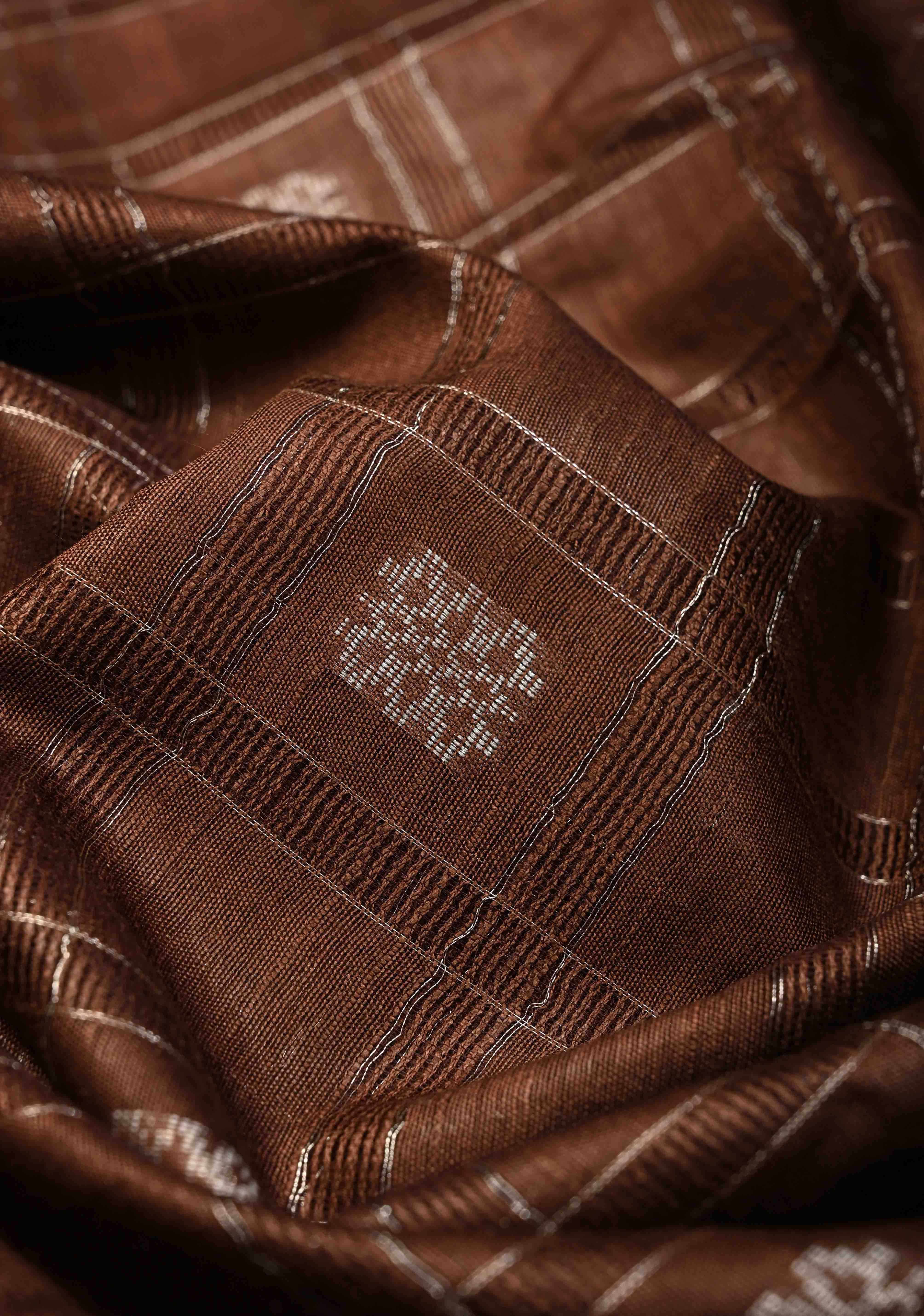 Coffee Brown Borderless Semi Tussar Saree with Zari Buttas and Zari Checks | Shobitam