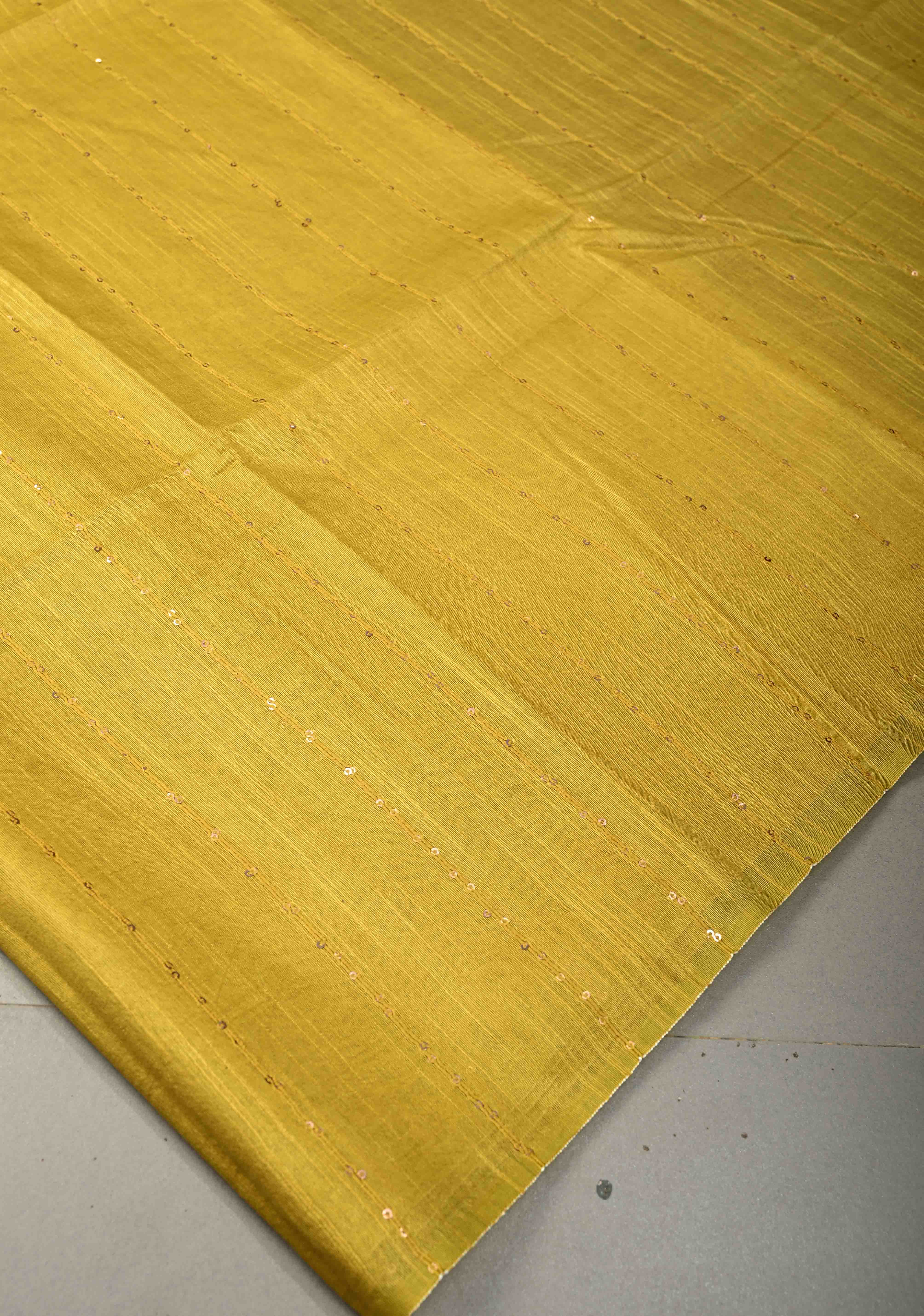 Mustard Yellow Borderless Semi Tussar Saree with Sequins Horizontal Stripes and Contrast Pallu | Shobitam