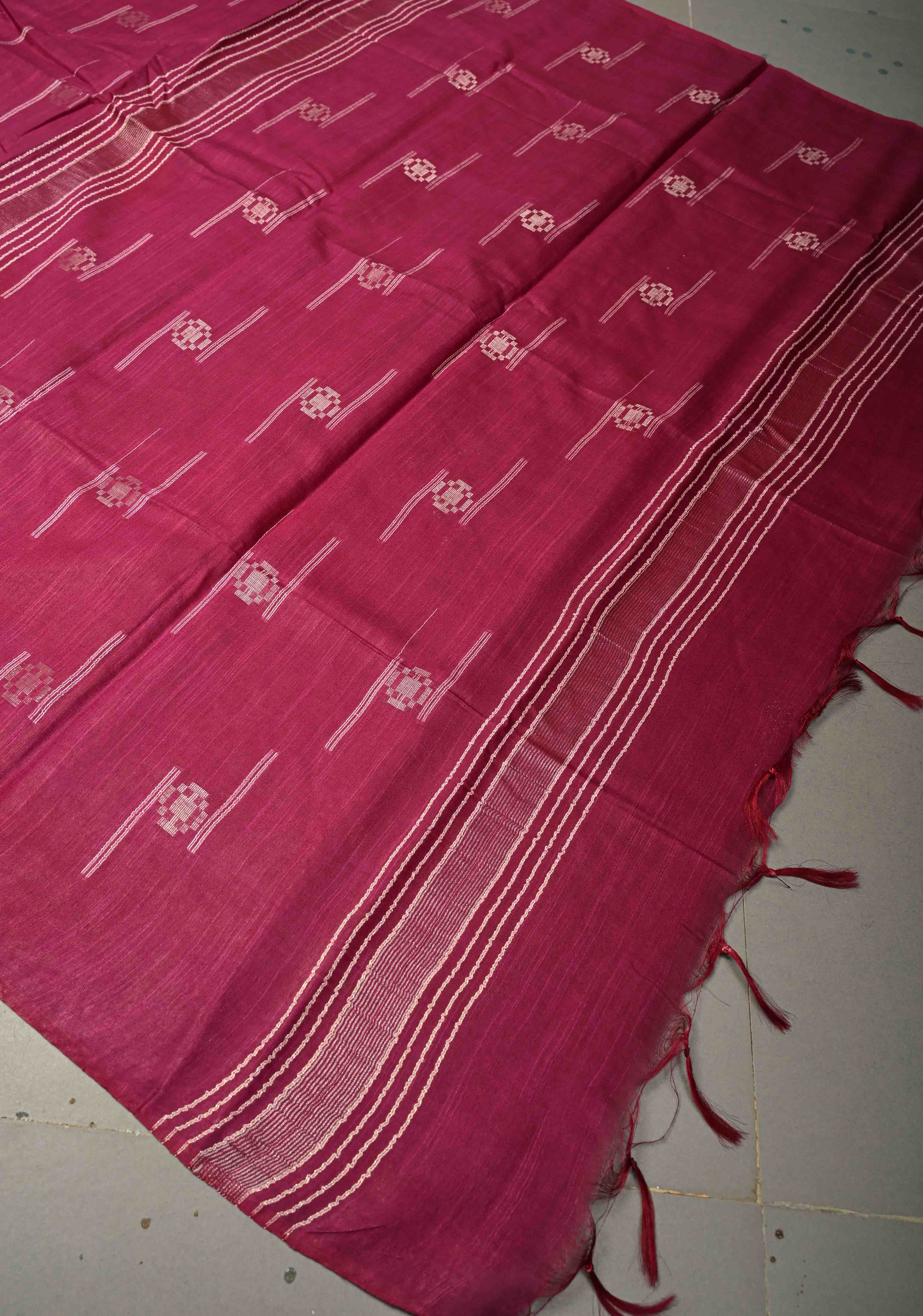 Magenta Borderless Semi Tussar Saree with Thread Stripes and Zari Buttas | Shobitam