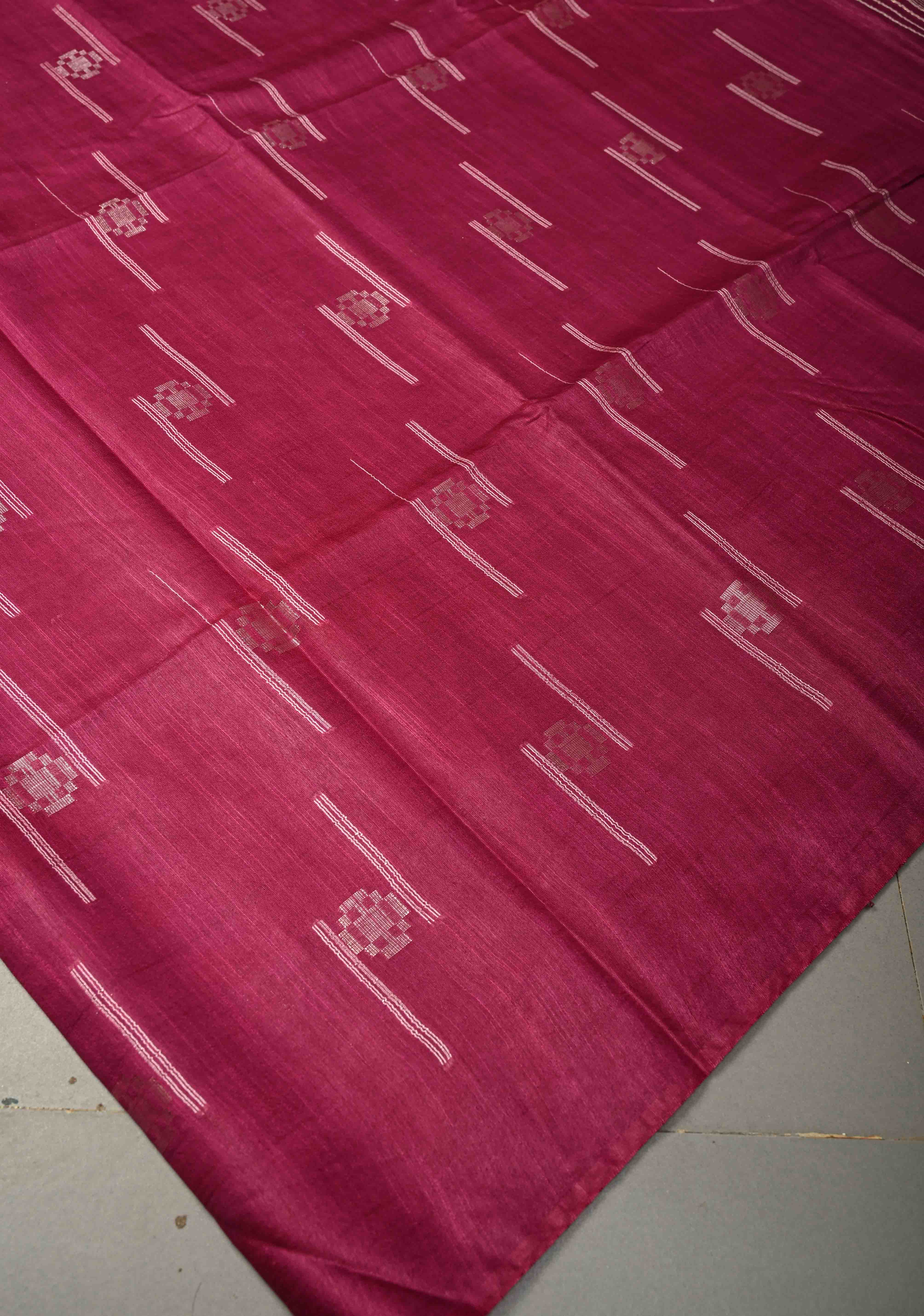 Magenta Borderless Semi Tussar Saree with Thread Stripes and Zari Buttas | Shobitam