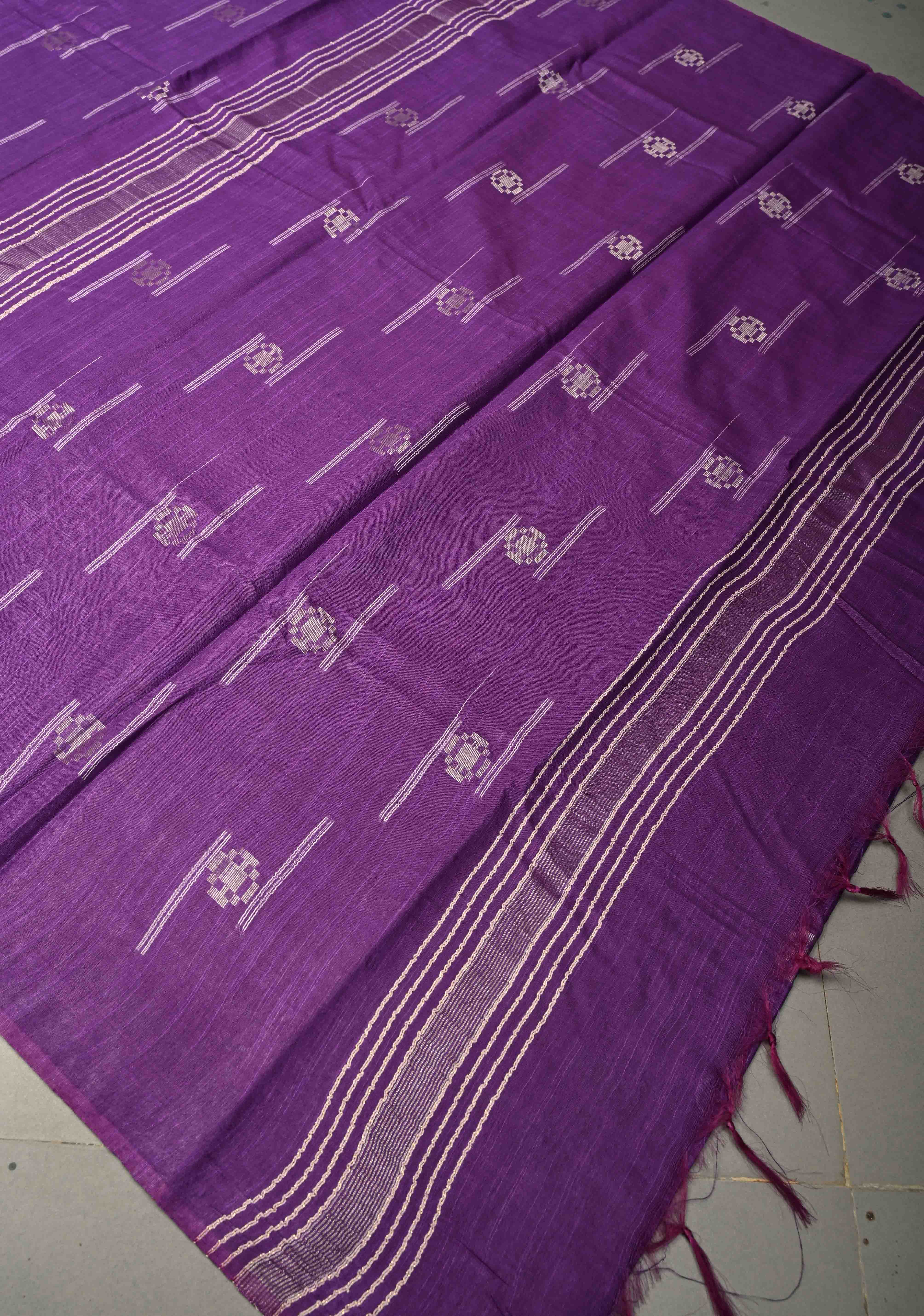 Grape Purple Borderless Semi Tussar Saree with Thread Stripes and Zari Buttas | Shobitam