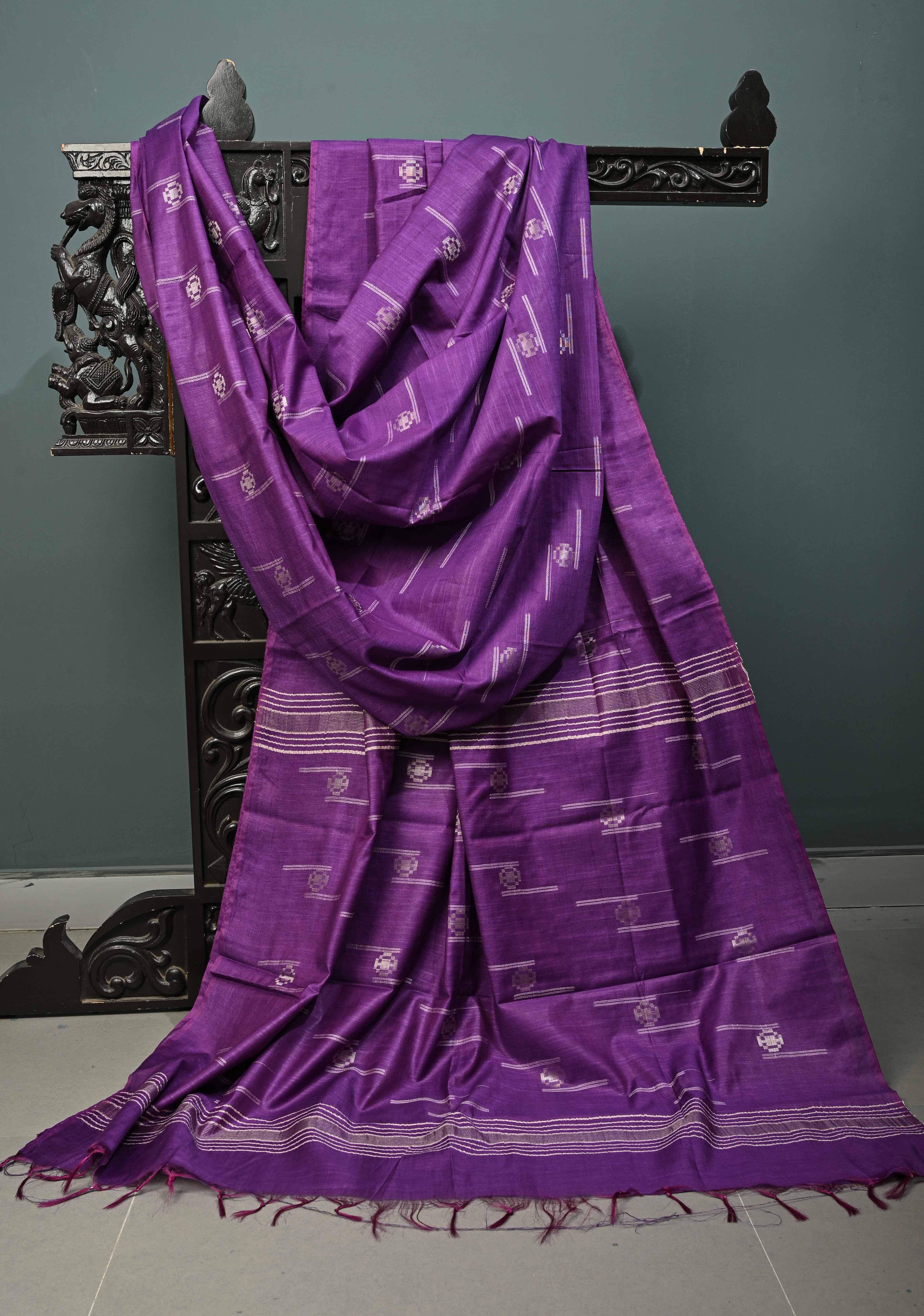 Grape Purple Borderless Semi Tussar Saree with Thread Stripes and Zari Buttas | Shobitam