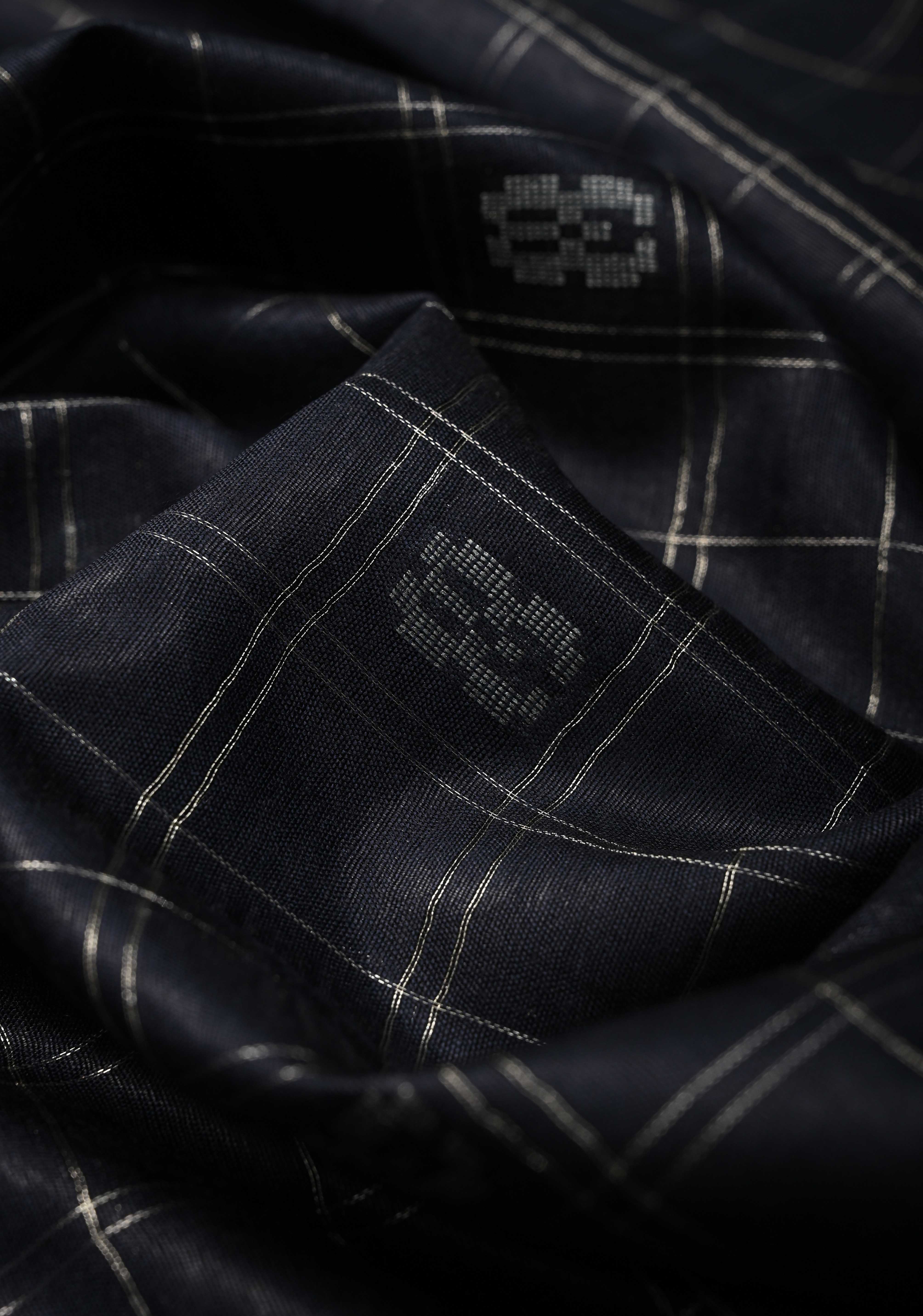 Midnight Blue Zari Checks on Semi Tussar Saree with Zari Buttas and Zari Border | Shobitam