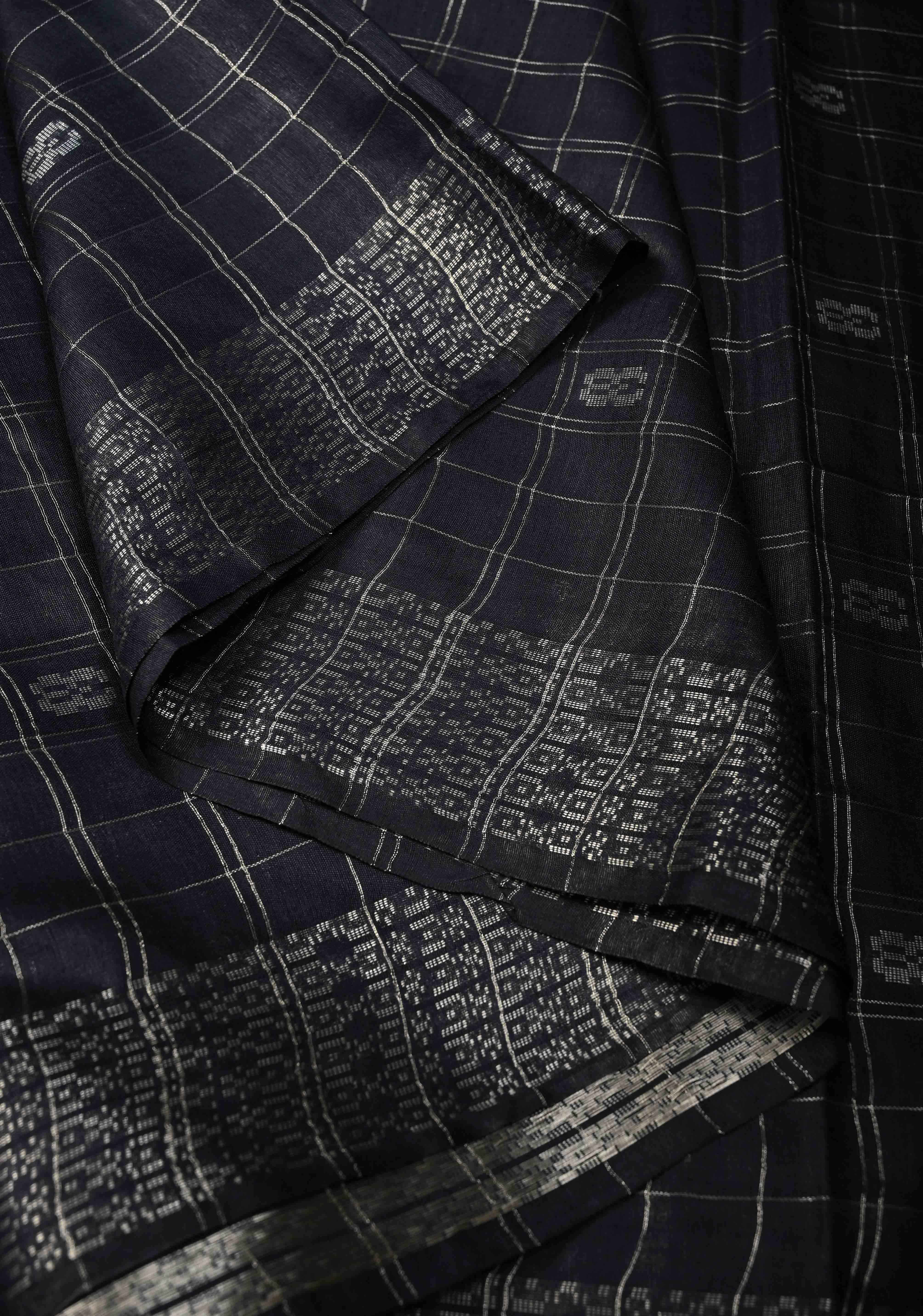 Midnight Blue Zari Checks on Semi Tussar Saree with Zari Buttas and Zari Border | Shobitam