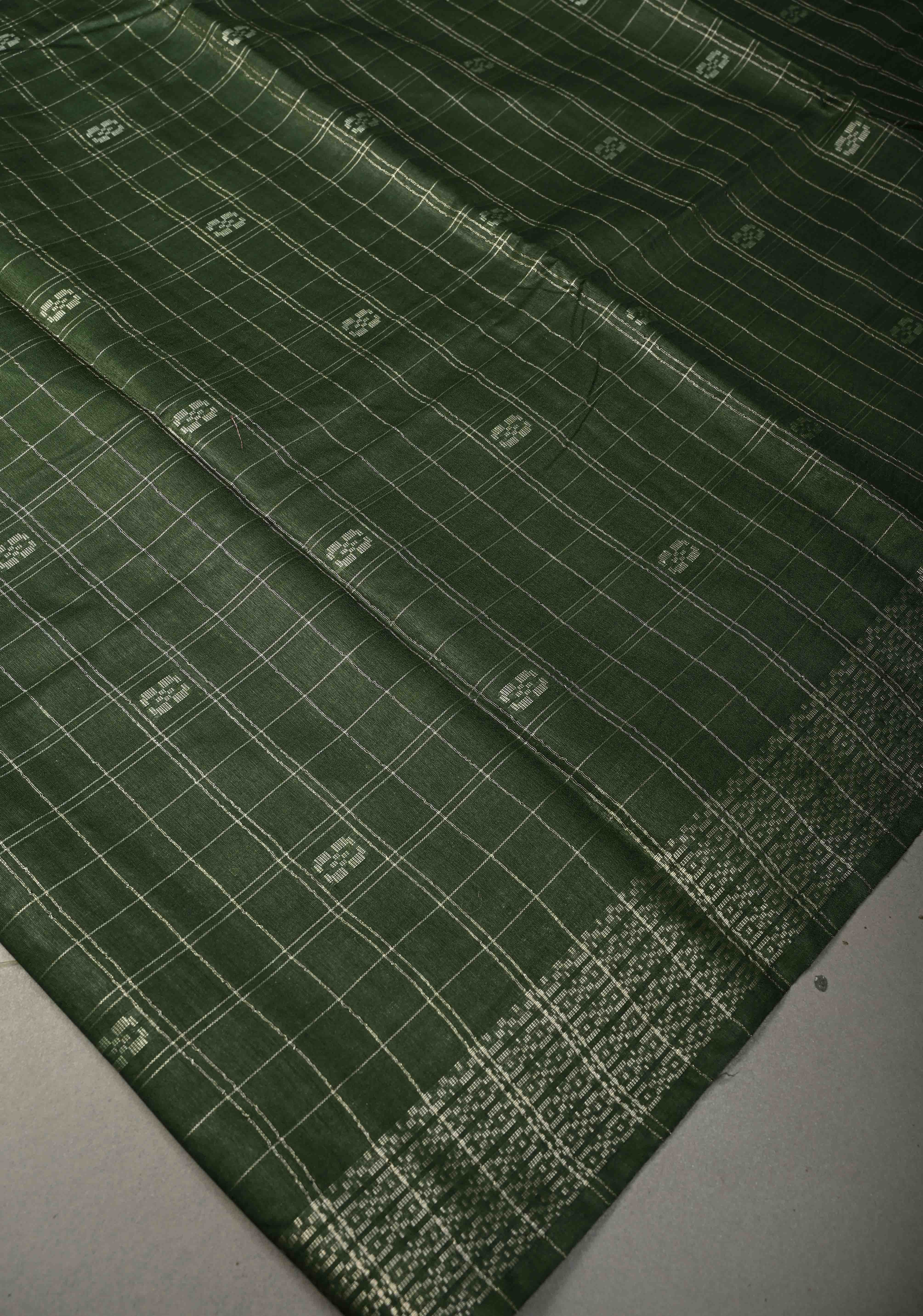 Forest Green Zari Checks on Semi Tussar Saree with Zari Buttas and Zari Border | Shobitam