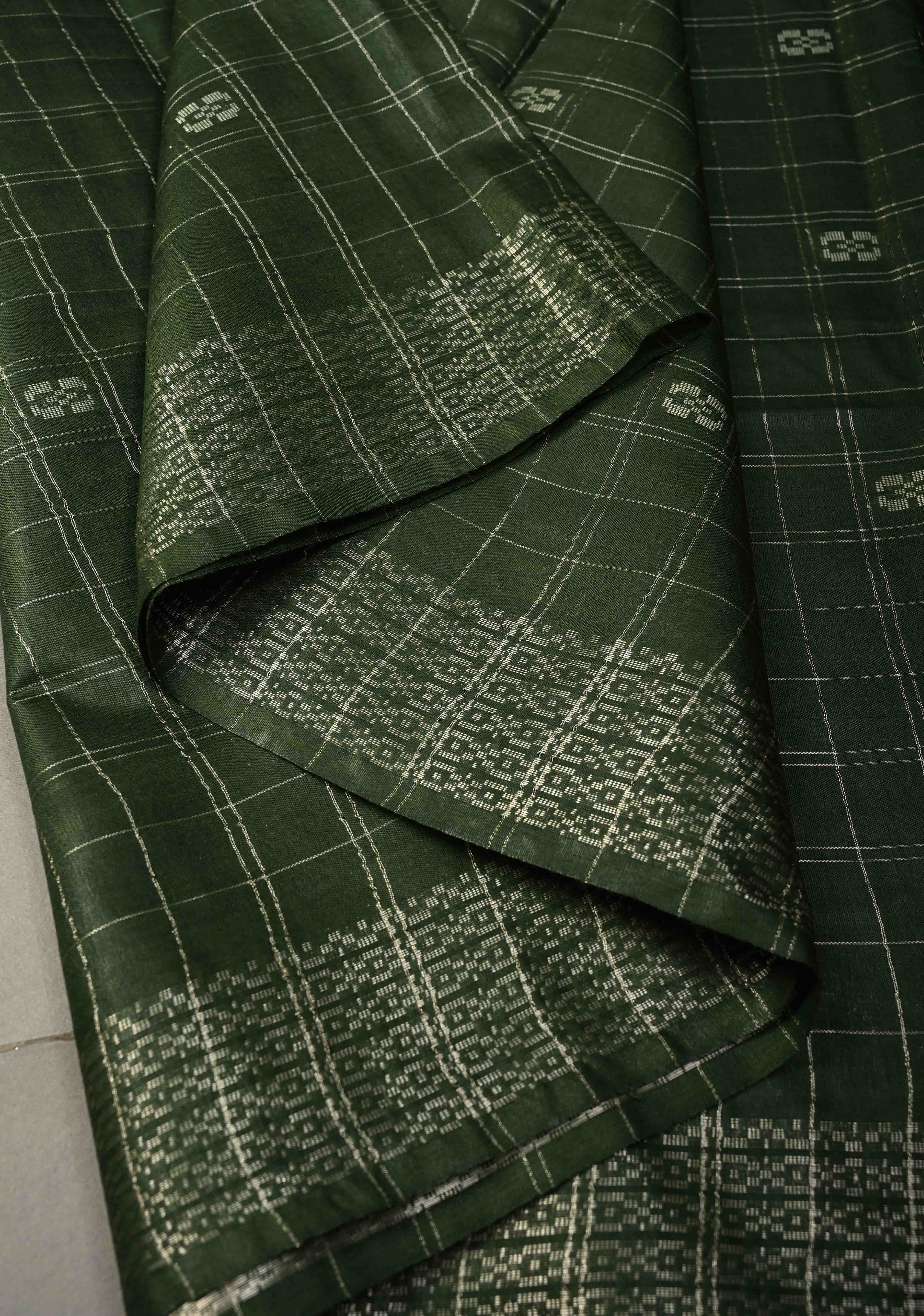 Forest Green Zari Checks on Semi Tussar Saree with Zari Buttas and Zari Border | Shobitam