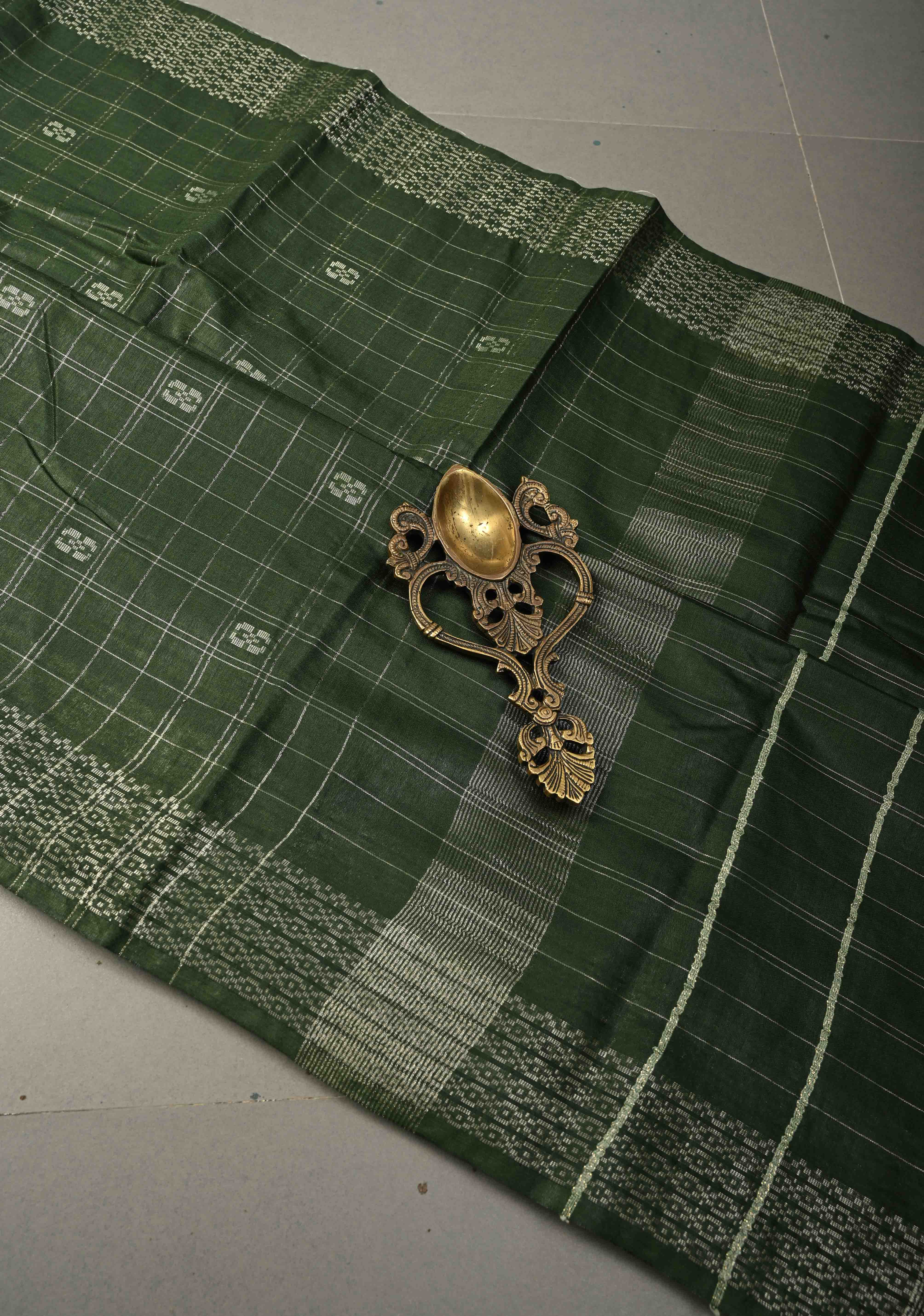 Forest Green Zari Checks on Semi Tussar Saree with Zari Buttas and Zari Border | Shobitam