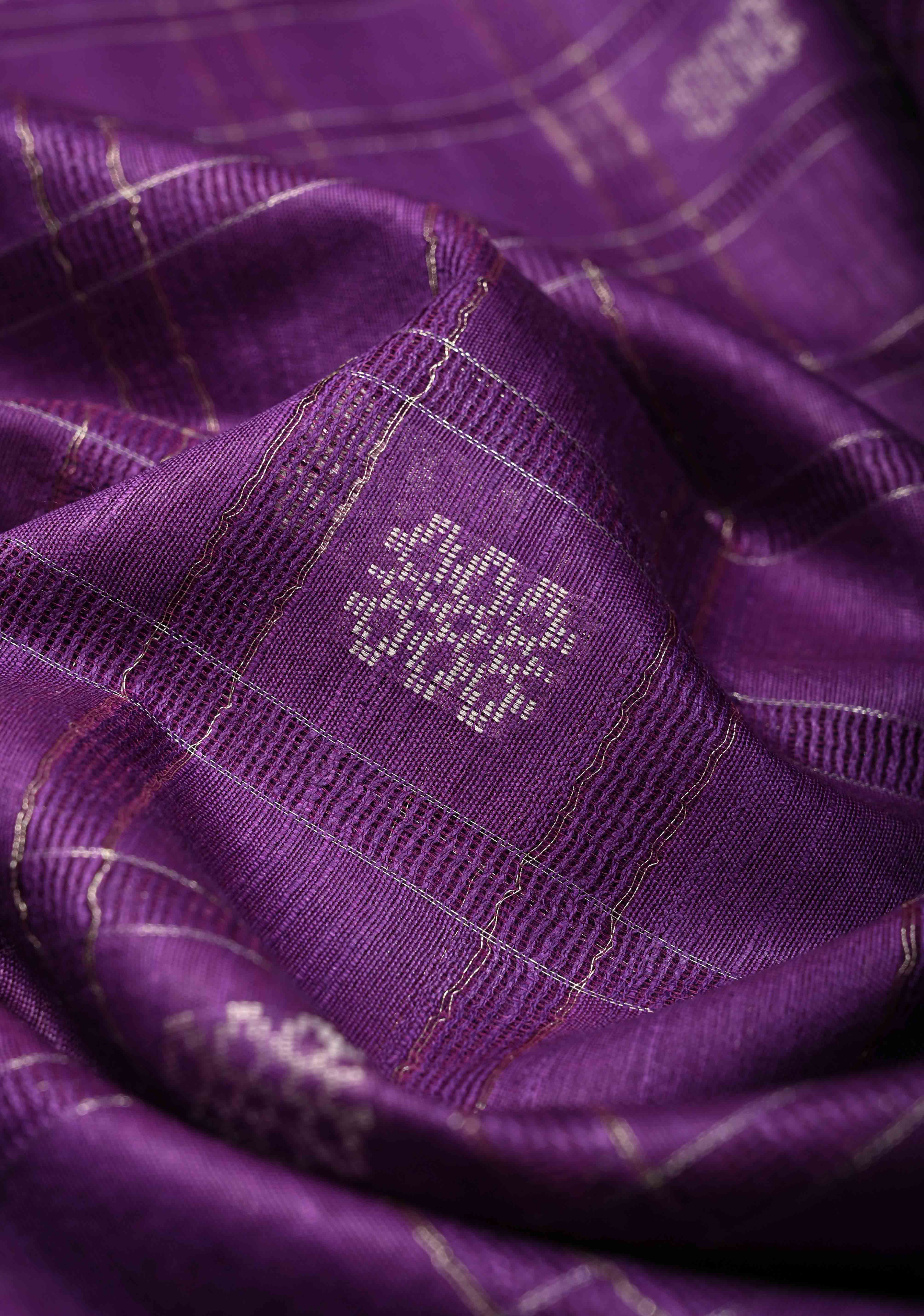 Grape Purple Borderless Semi Tussar Saree with Zari Buttas and Zari Checks | Shobitam