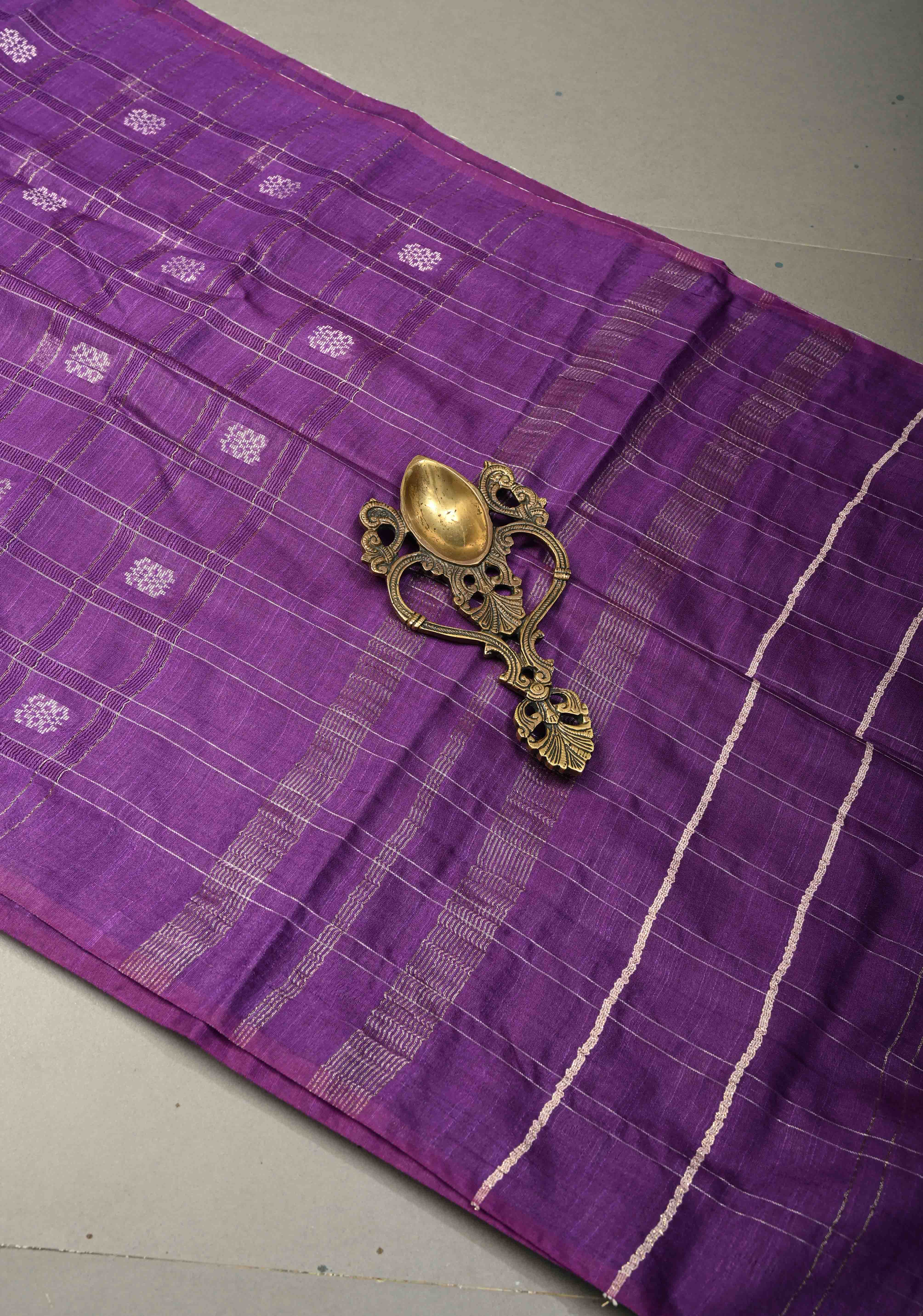 Grape Purple Borderless Semi Tussar Saree with Zari Buttas and Zari Checks | Shobitam