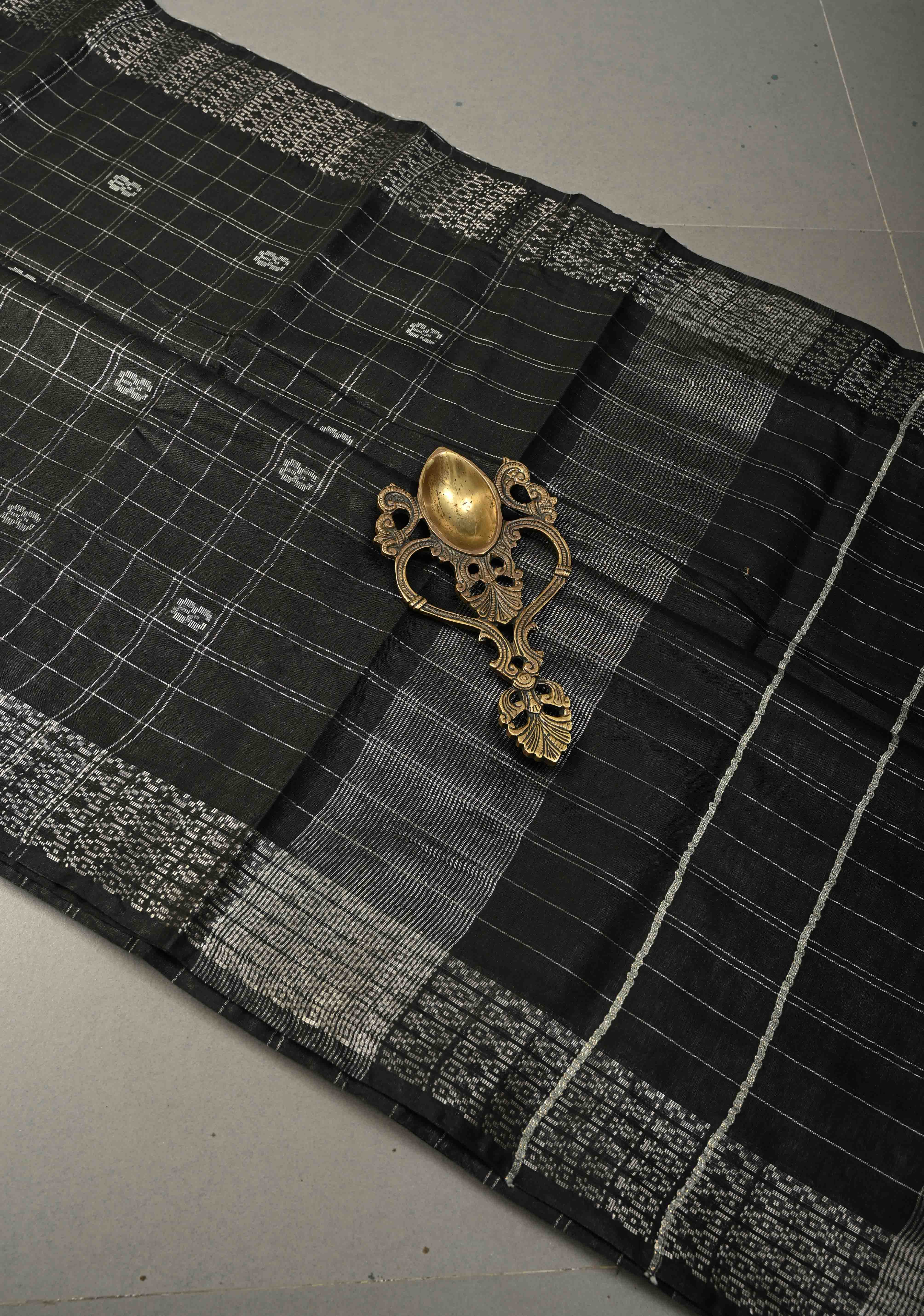 Black Zari Checks on Semi Tussar Saree with Zari Buttas and Zari Border | Shobitam