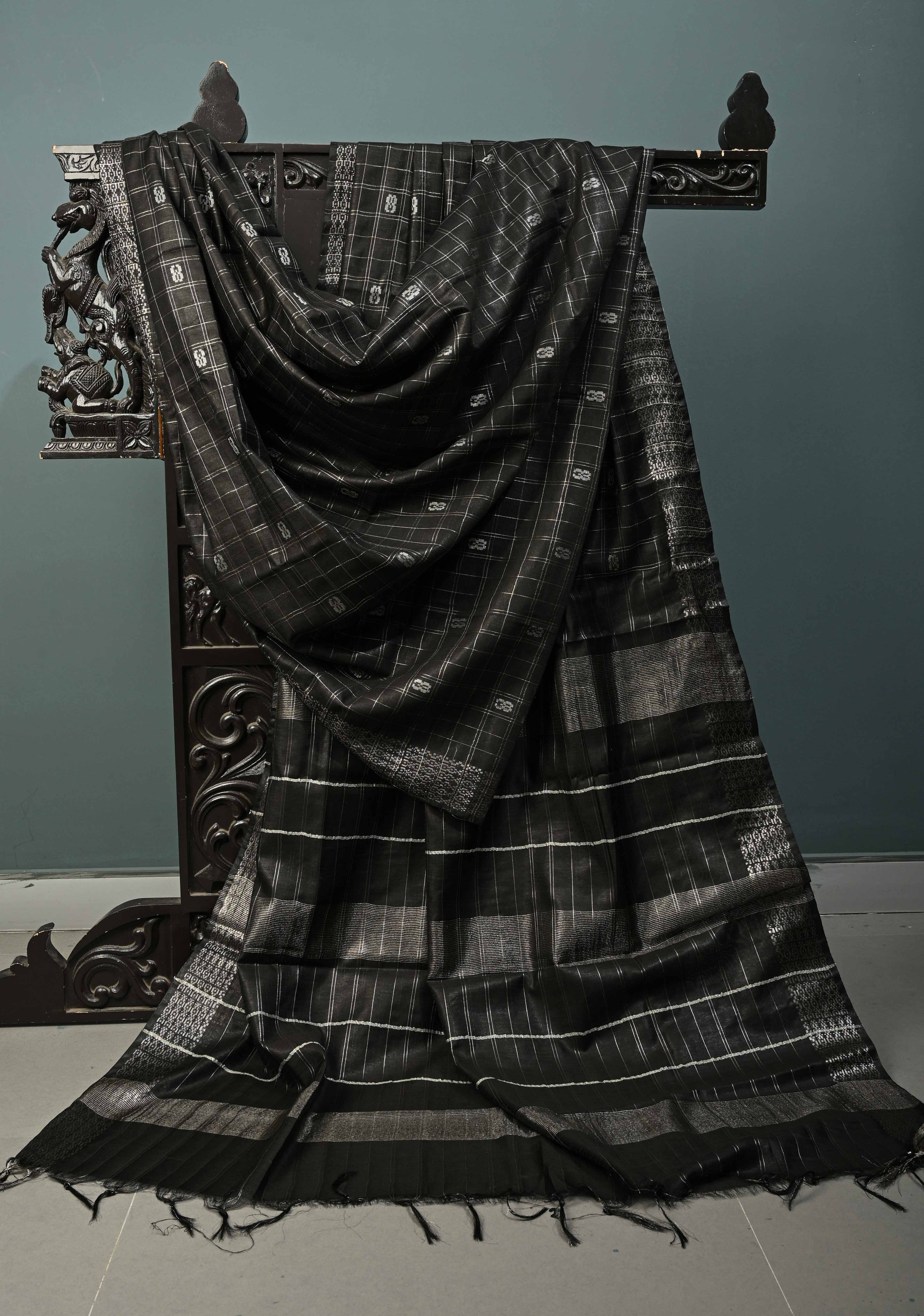 Black Zari Checks on Semi Tussar Saree with Zari Buttas and Zari Border | Shobitam