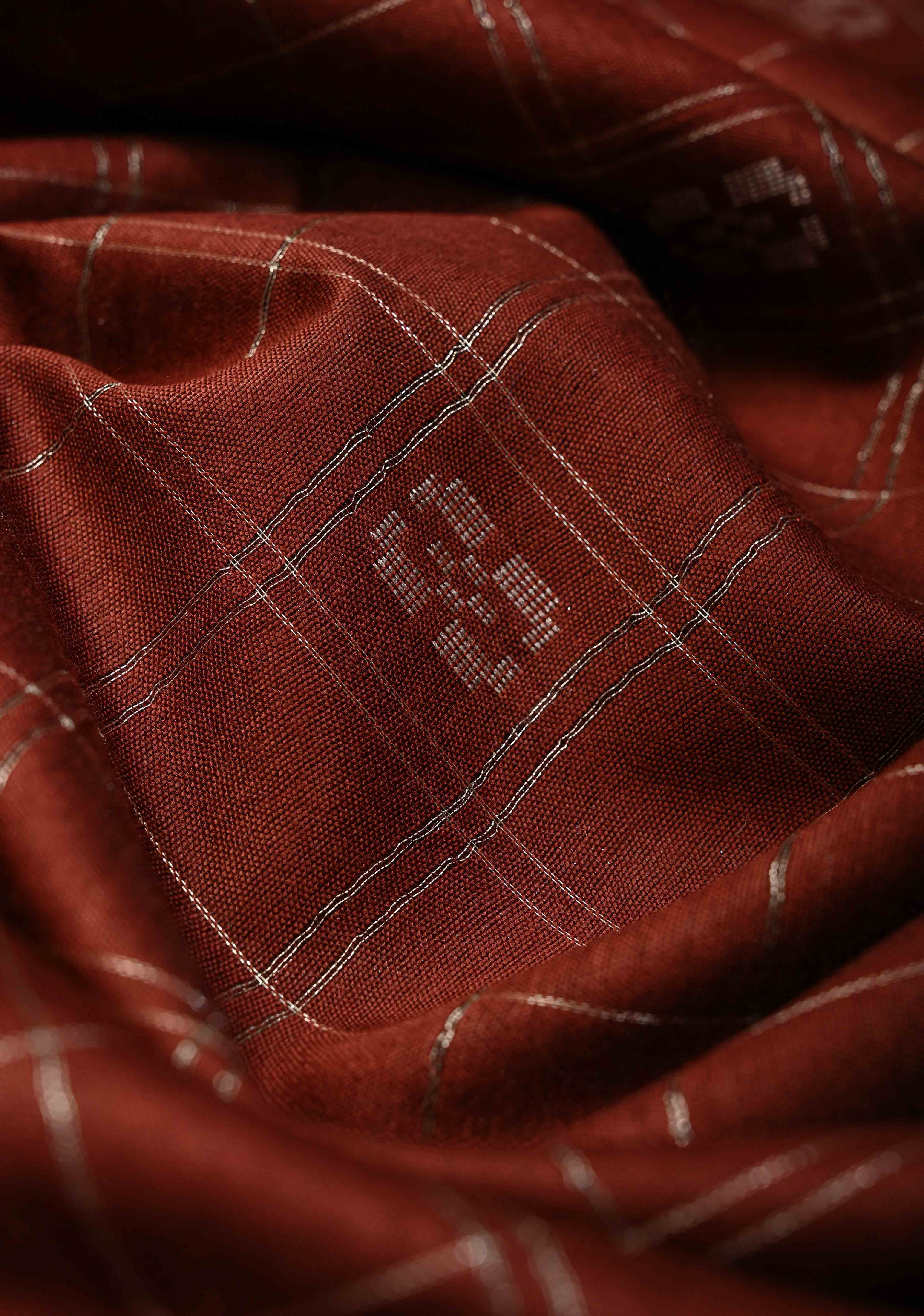 Brown Checks on Semi Tussar Saree with Zari Buttas and Borders | Shobitam