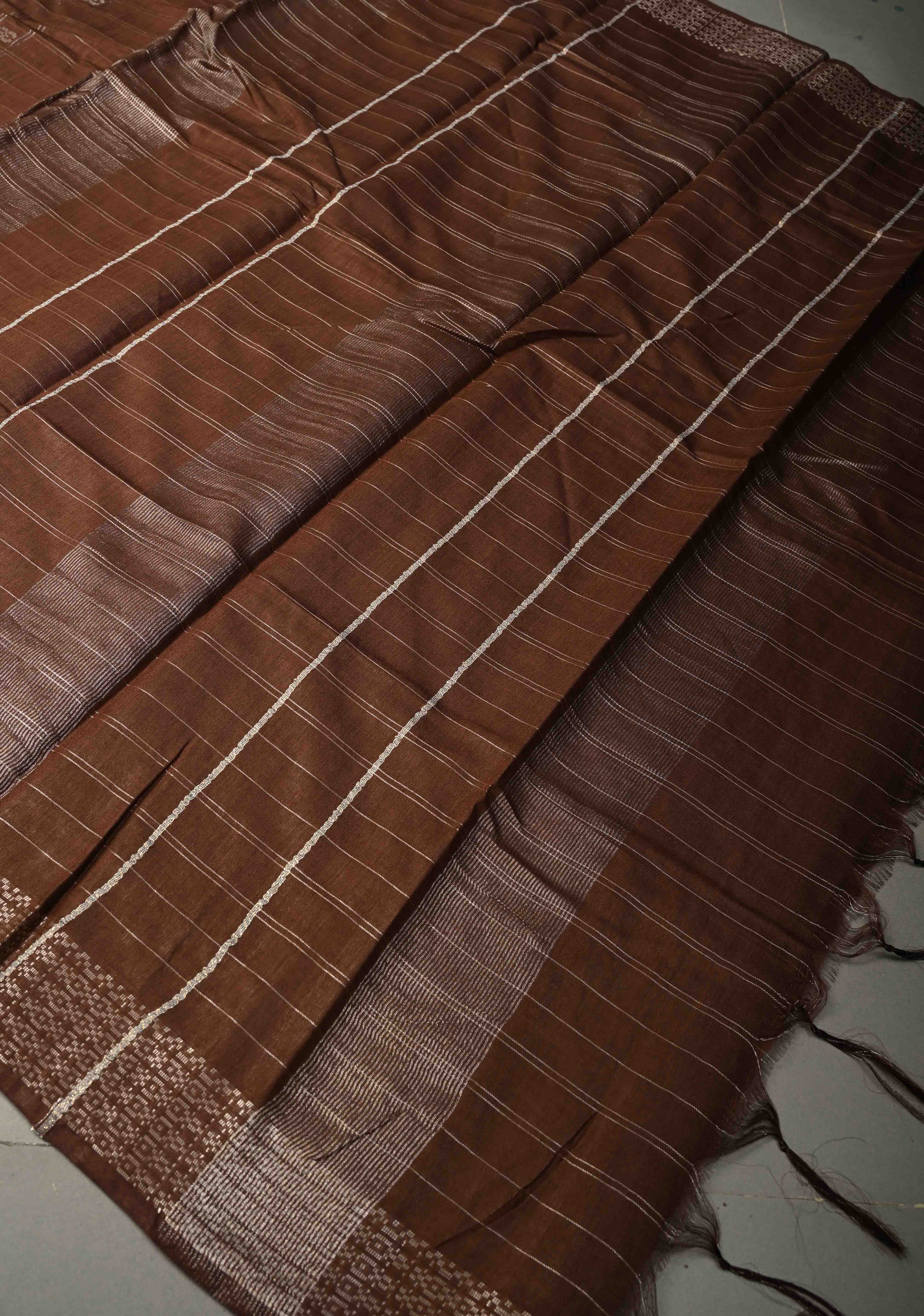 Coffee Brown Zari Checks on Semi Tussar Saree with Zari Buttas and Zari Border | Shobitam
