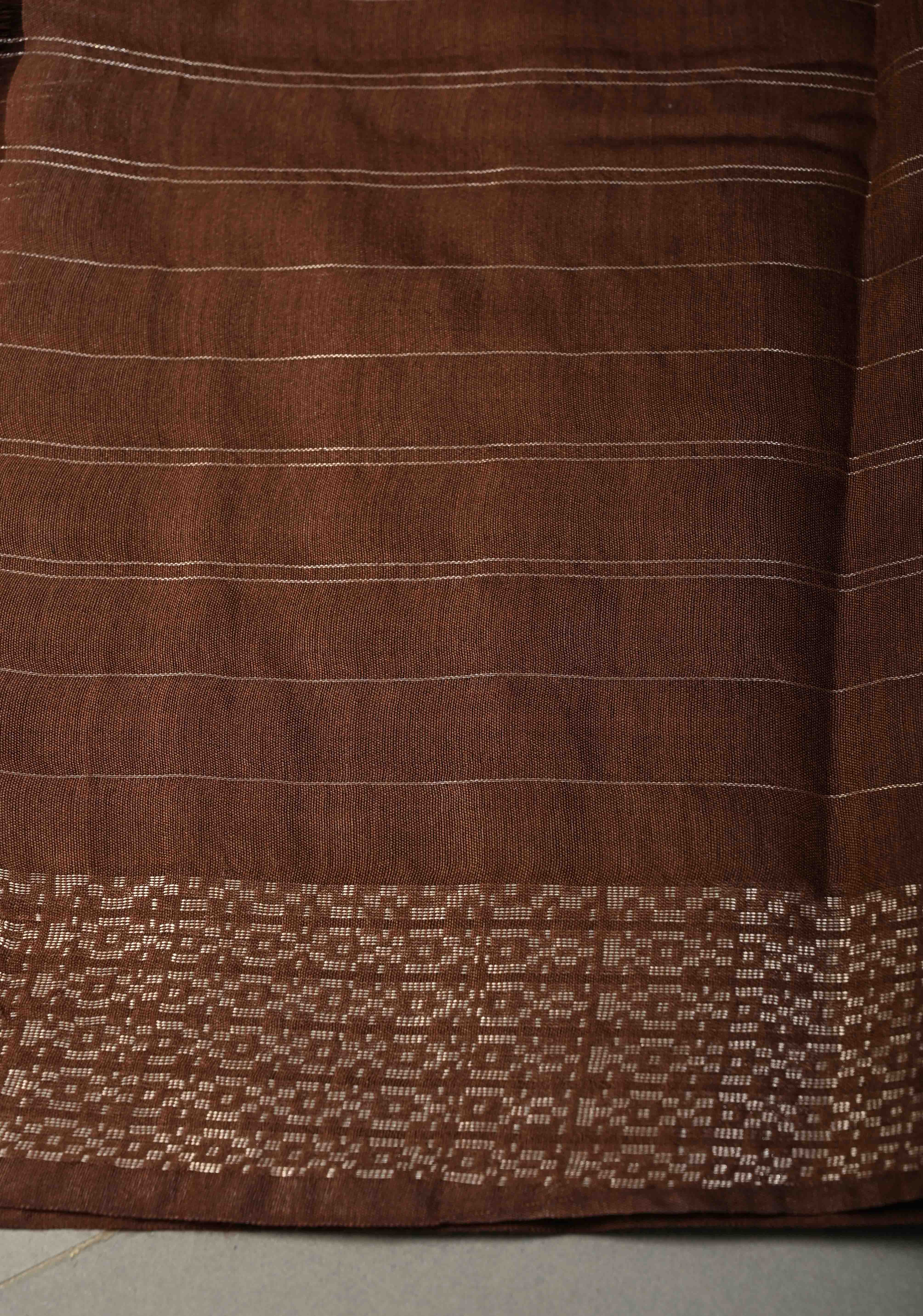 Coffee Brown Zari Checks on Semi Tussar Saree with Zari Buttas and Zari Border | Shobitam