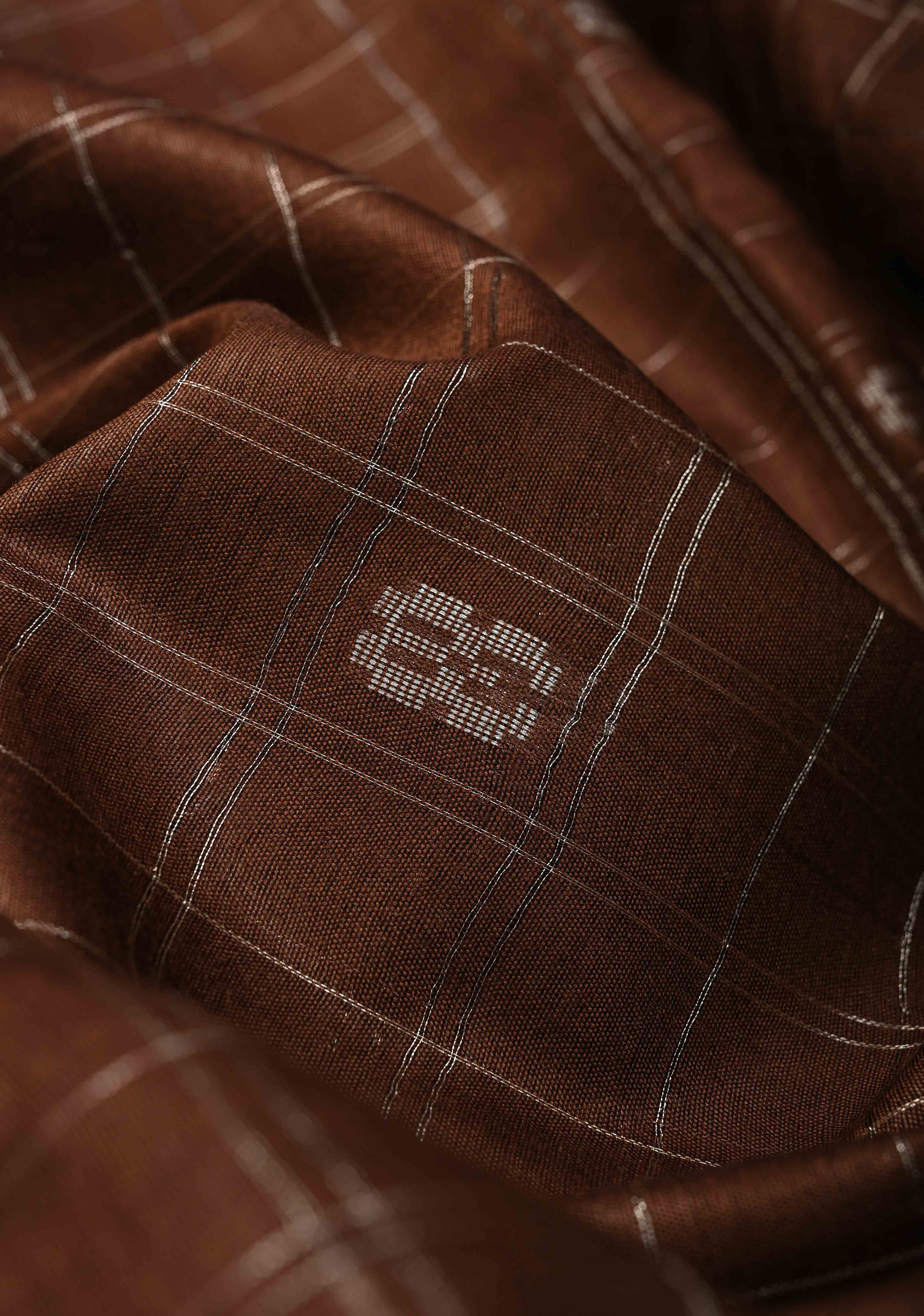 Coffee Brown Zari Checks on Semi Tussar Saree with Zari Buttas and Zari Border | Shobitam