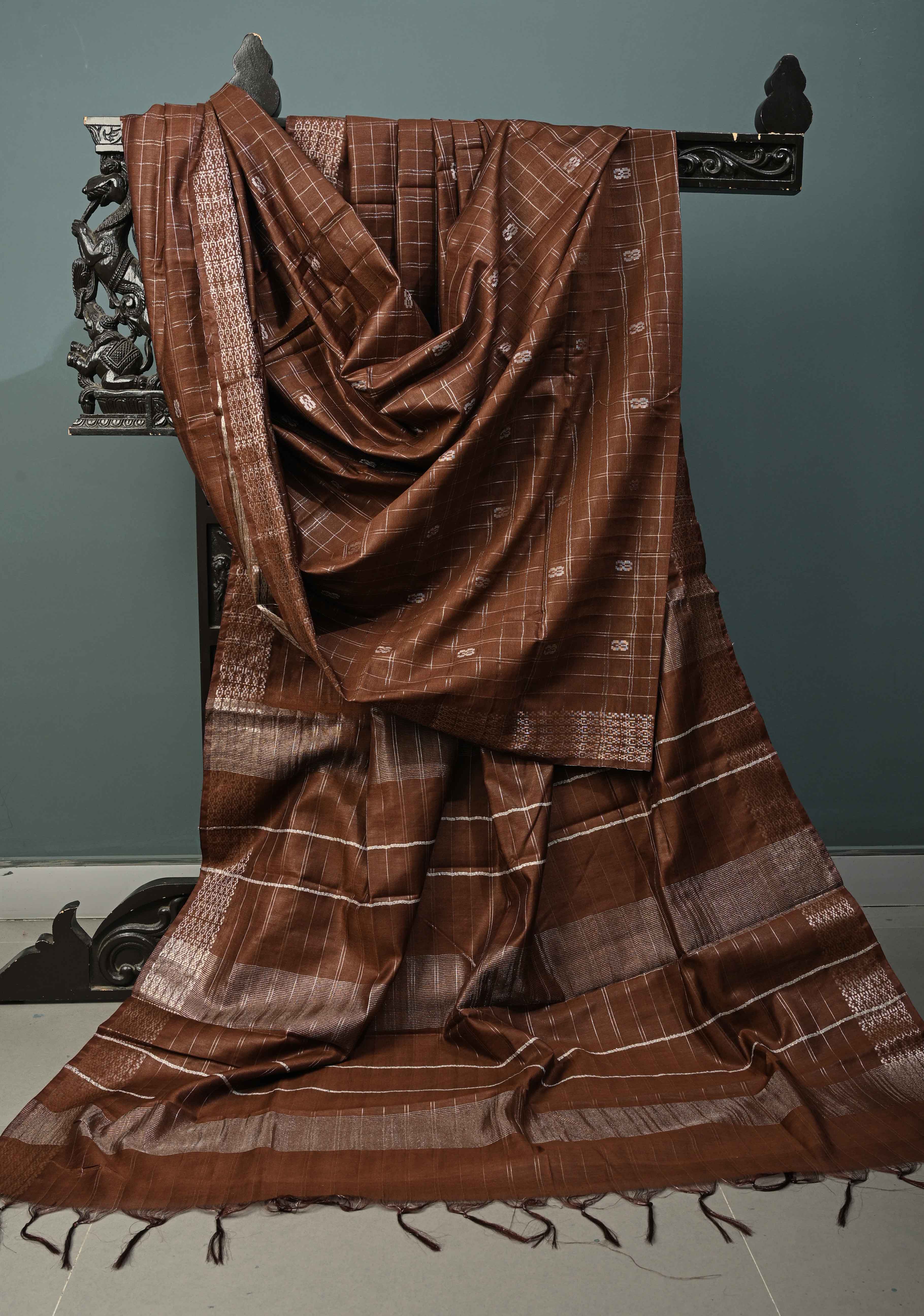 Coffee Brown Zari Checks on Semi Tussar Saree with Zari Buttas and Zari Border | Shobitam