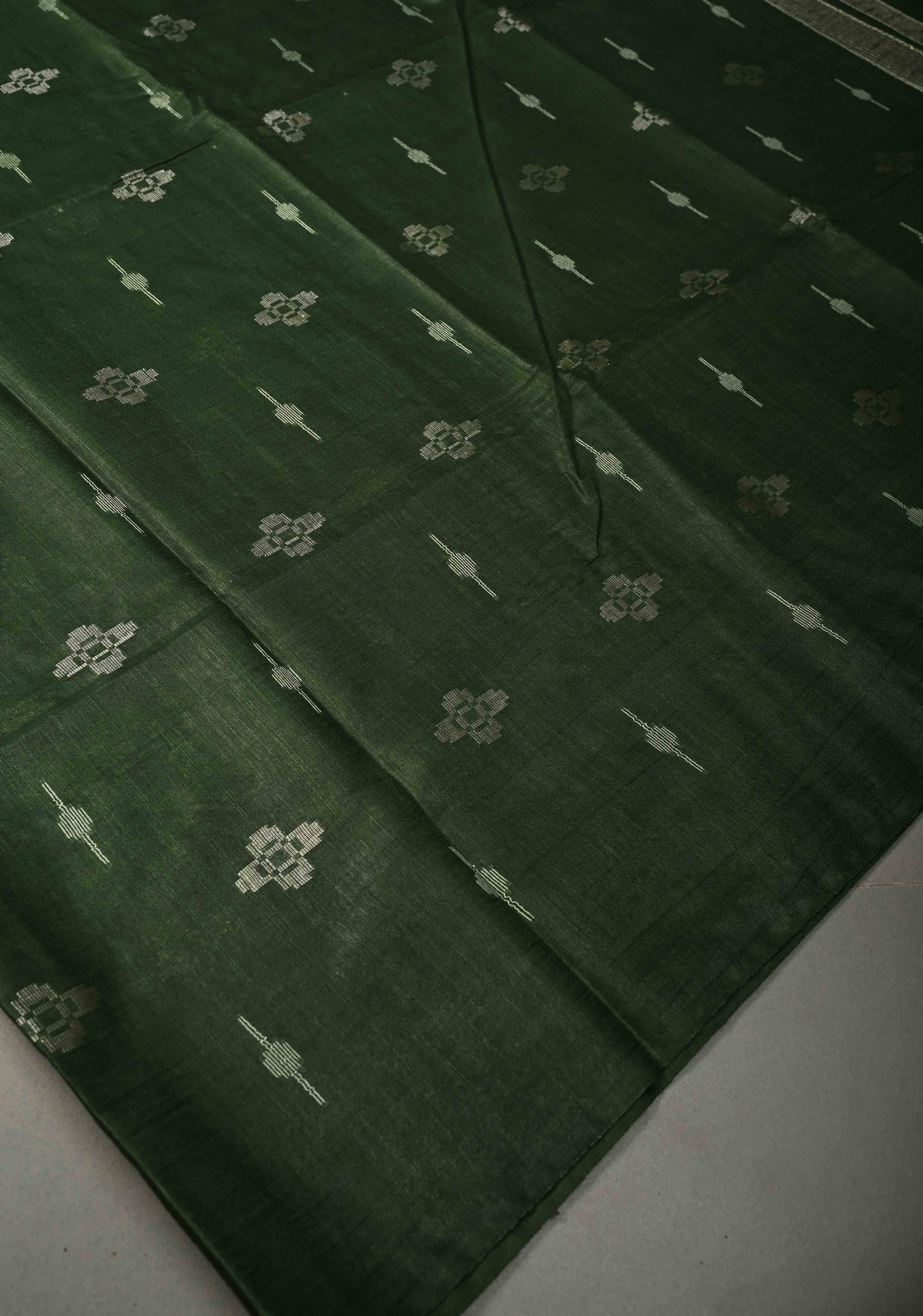 Forest Green Borderless Semi Tussar Saree with Thread and Zari Buttas | Shobitam