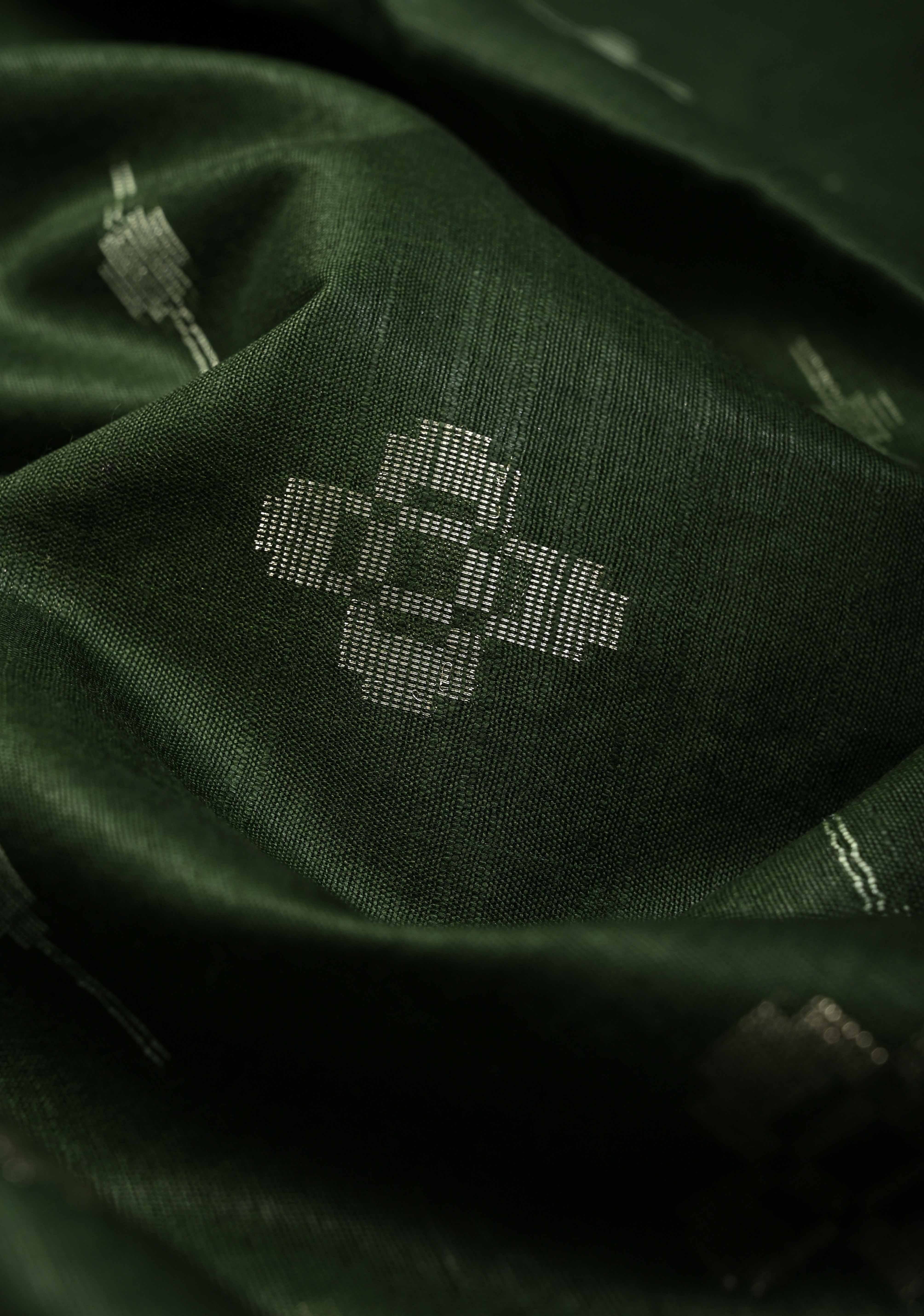 Forest Green Borderless Semi Tussar Saree with Thread and Zari Buttas | Shobitam