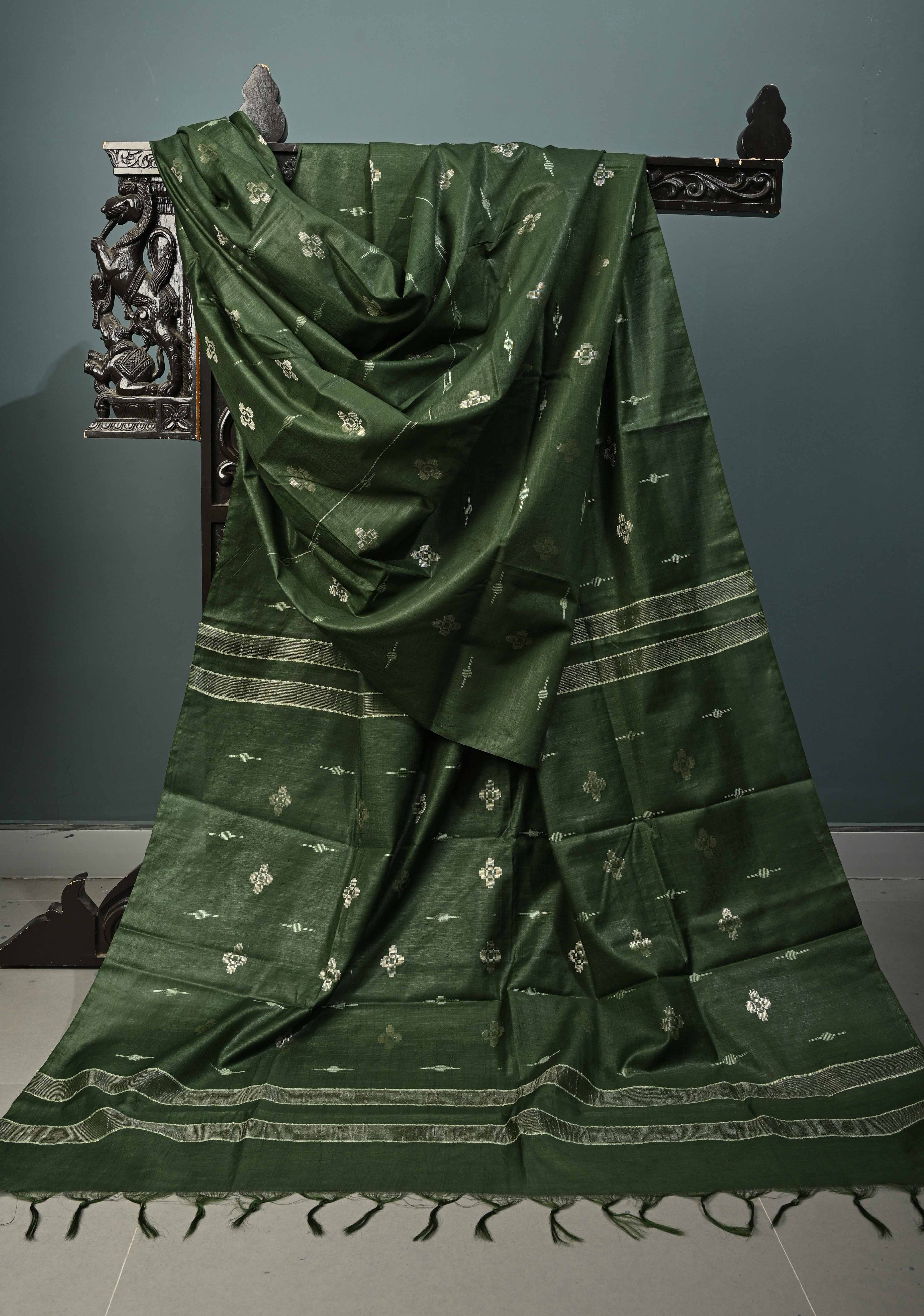 Forest Green Borderless Semi Tussar Saree with Thread and Zari Buttas | Shobitam