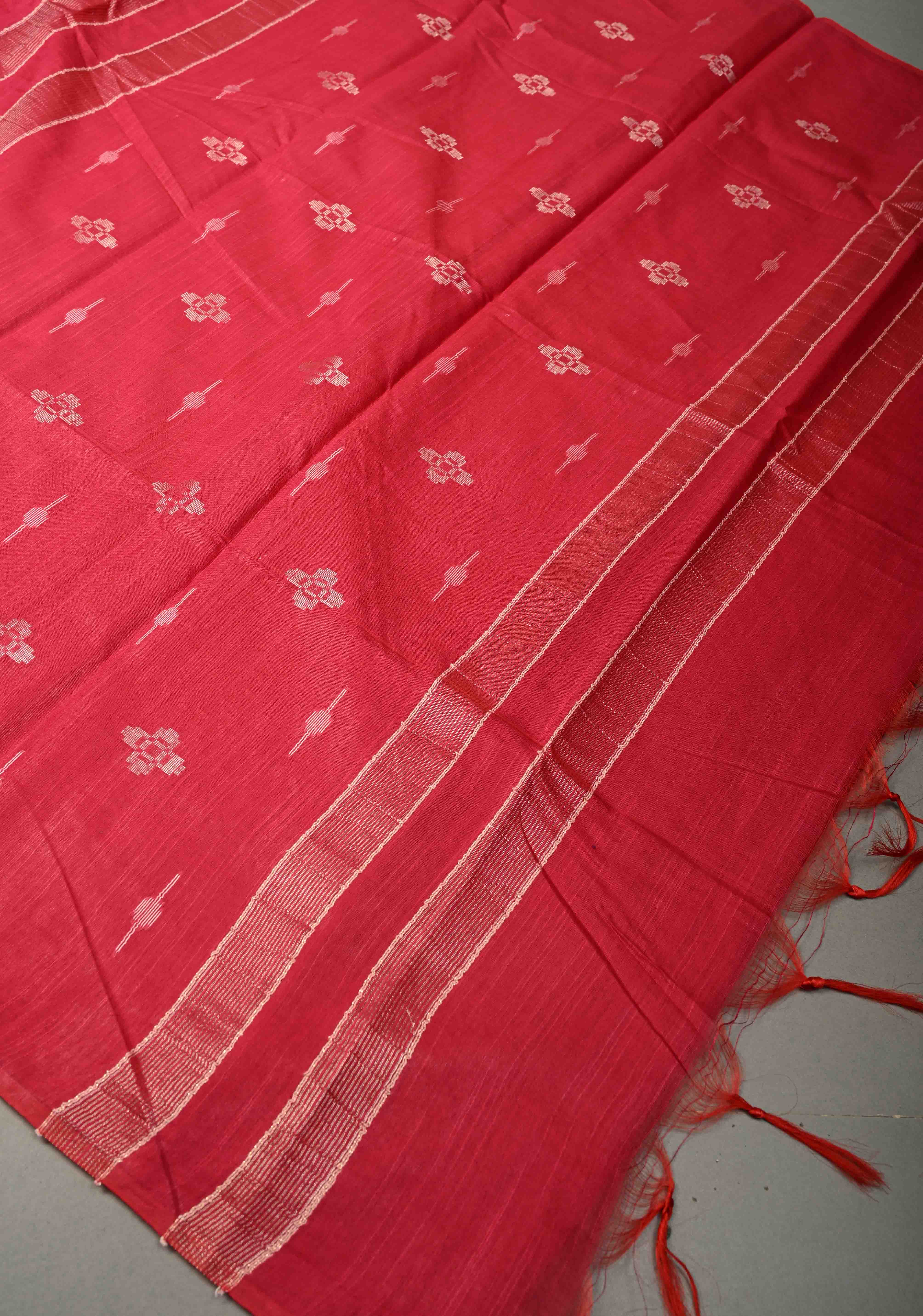 Rani Pink Borderless Semi Tussar Saree with Thread and Zari Buttas | Shobitam