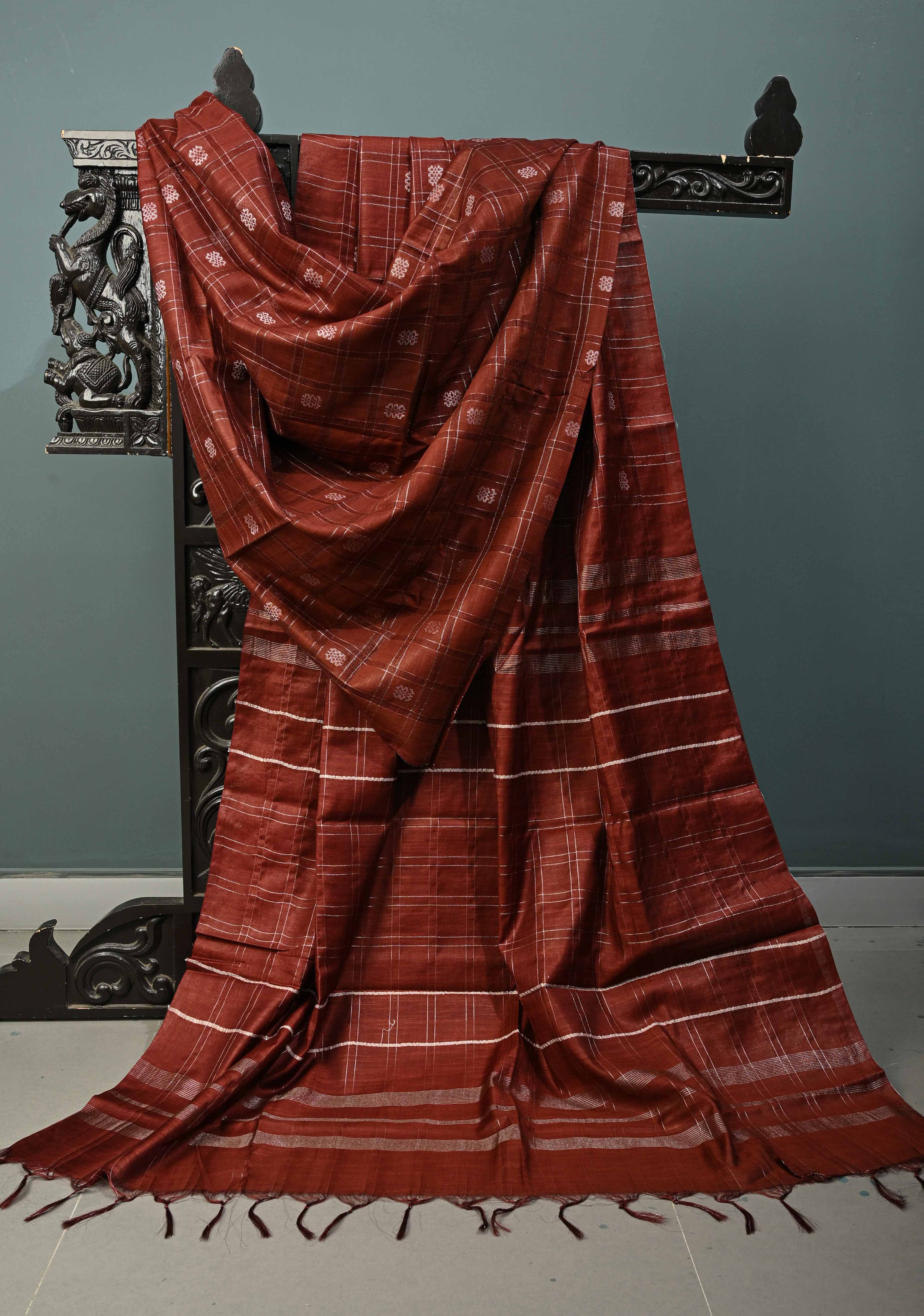 Coffee Brown Borderless Semi Tussar Saree with Zari Checks and Zari Buttas | Shobitam