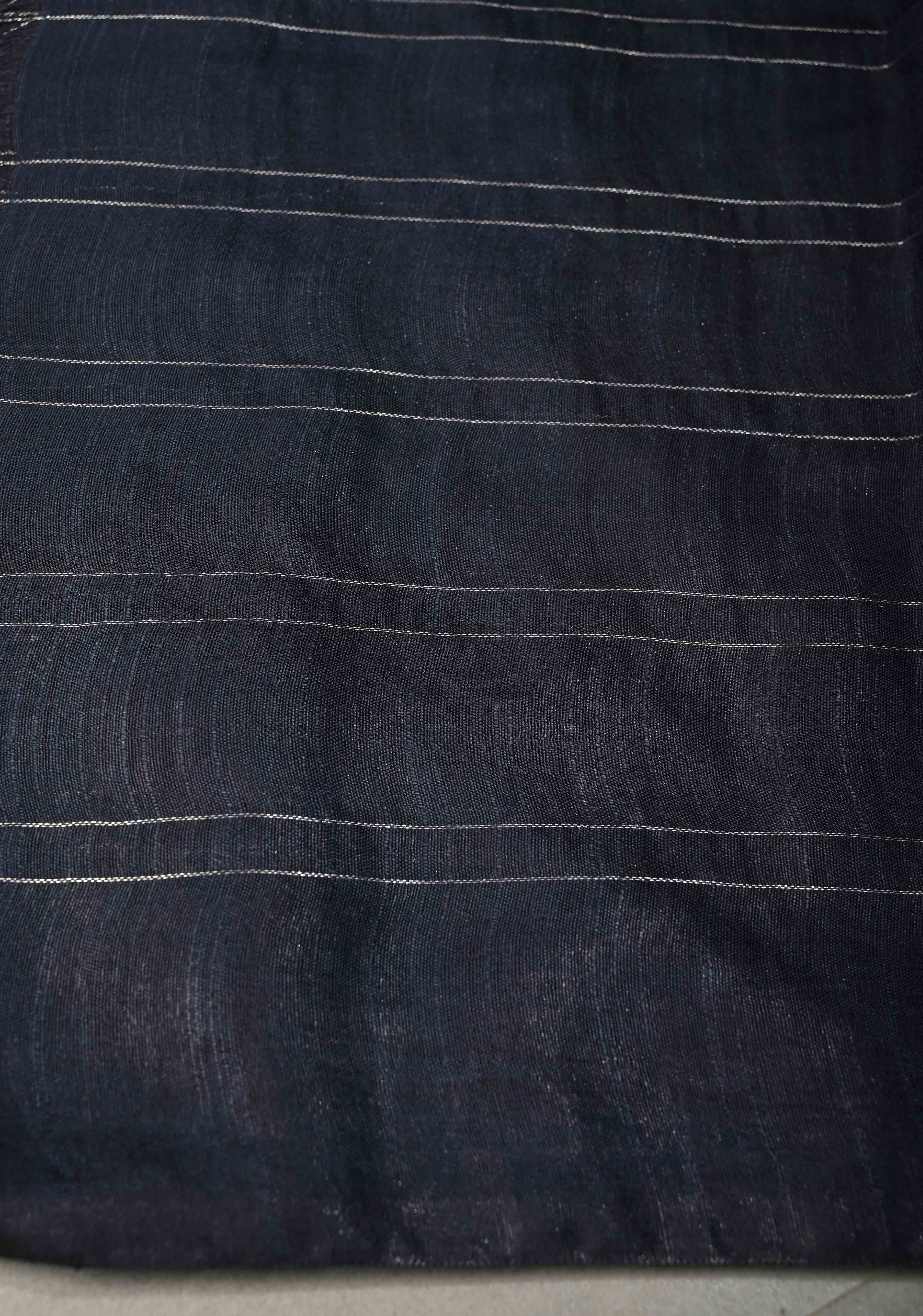 Midnight Blue Borderless Semi Tussar Saree with Zari Buttas and Zari Checks | Shobitam