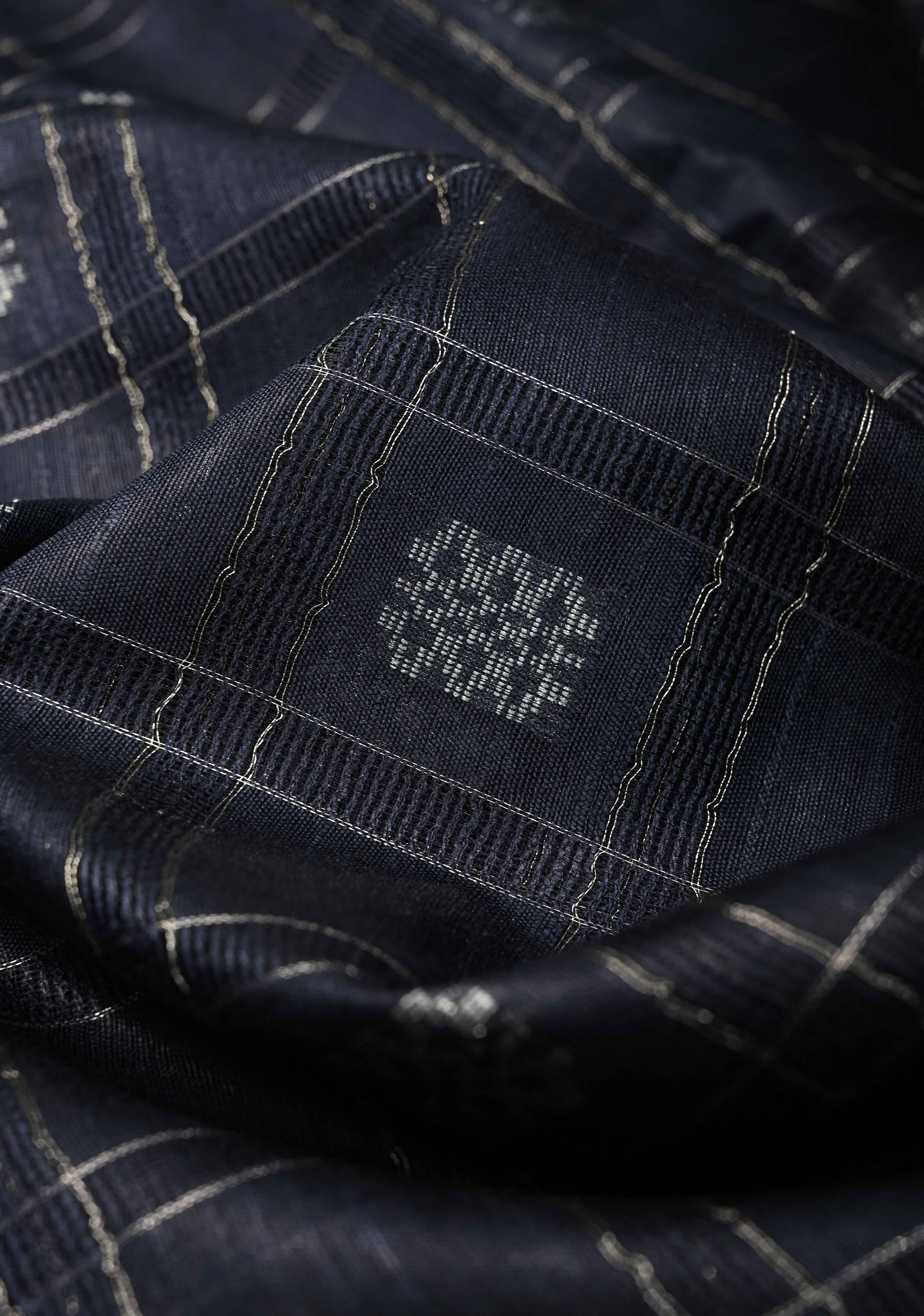 Midnight Blue Borderless Semi Tussar Saree with Zari Buttas and Zari Checks | Shobitam