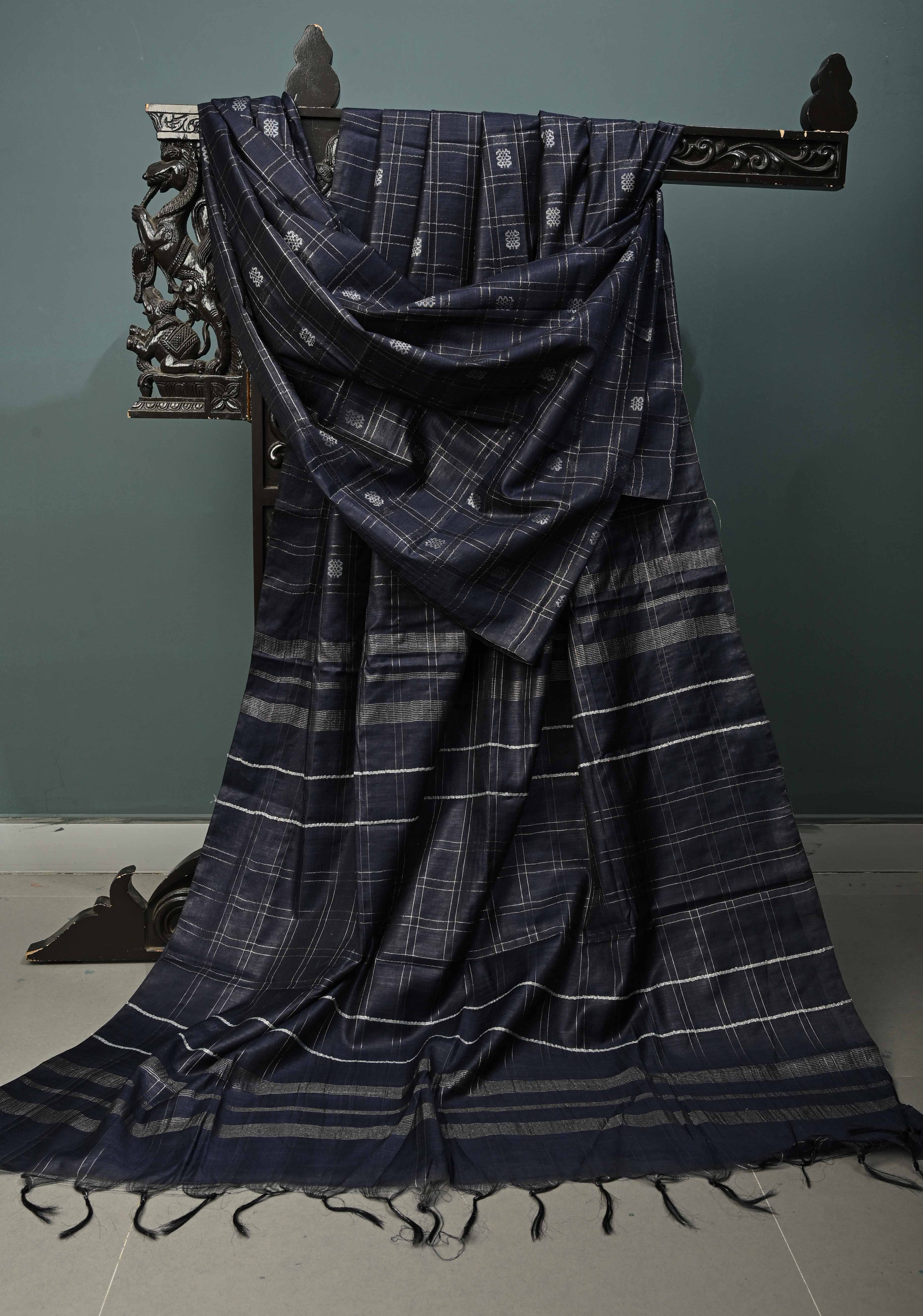 Midnight Blue Borderless Semi Tussar Saree with Zari Buttas and Zari Checks | Shobitam