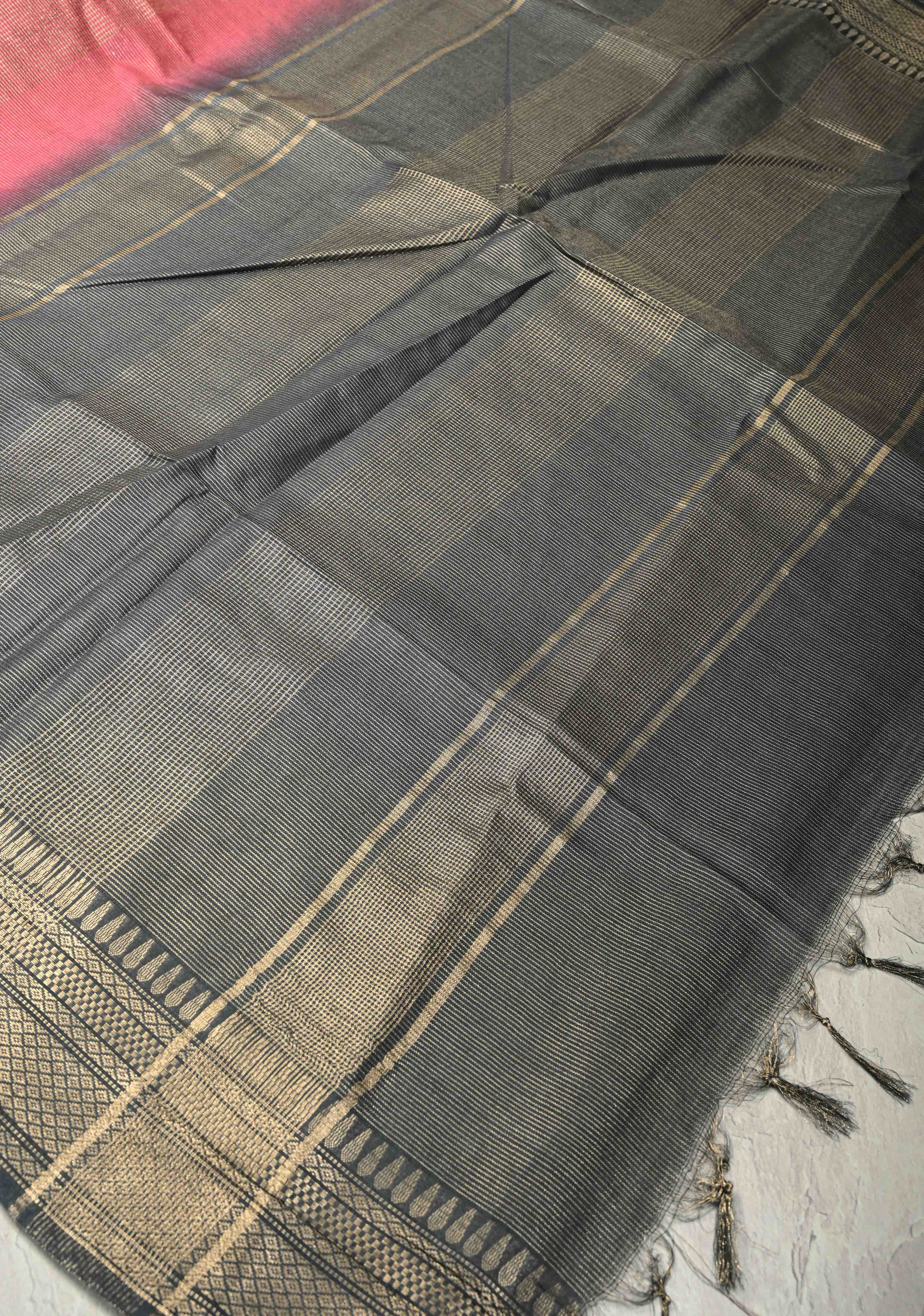 Watermelon Pink Semi Tussar Tissue Saree with Contrast Zari Border and Pallu | Shobitam