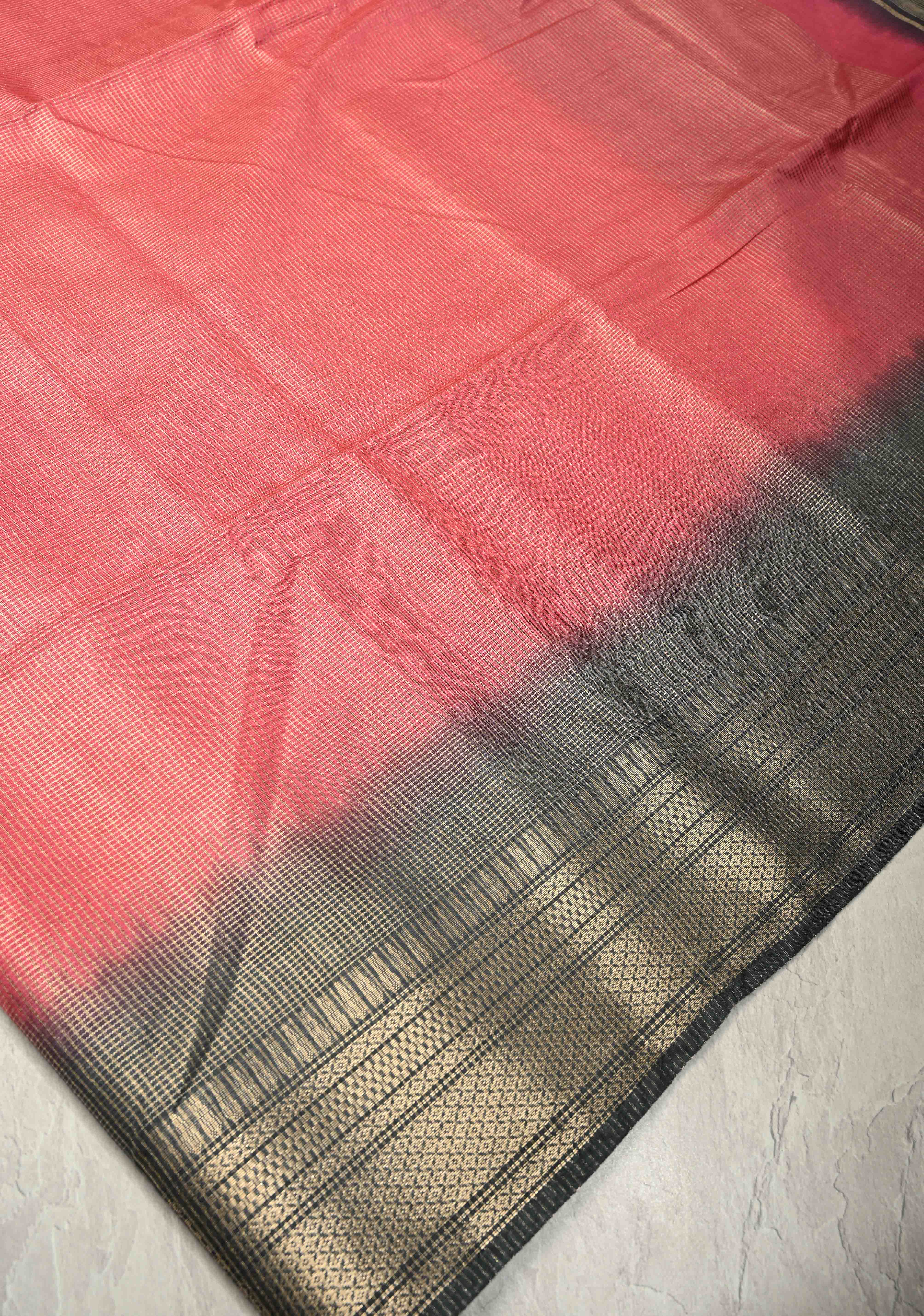 Watermelon Pink Semi Tussar Tissue Saree with Contrast Zari Border and Pallu | Shobitam