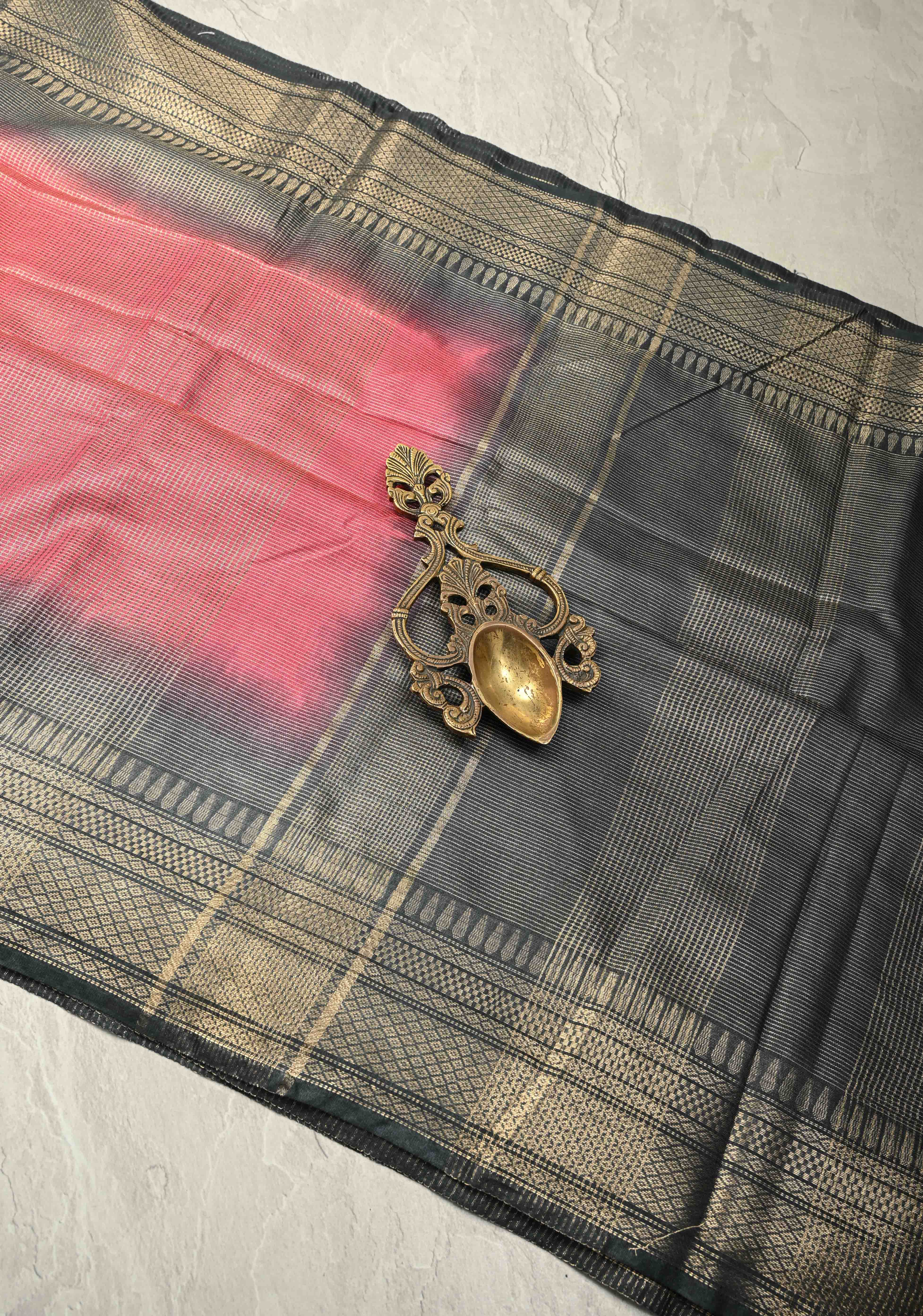 Watermelon Pink Semi Tussar Tissue Saree with Contrast Zari Border and Pallu | Shobitam