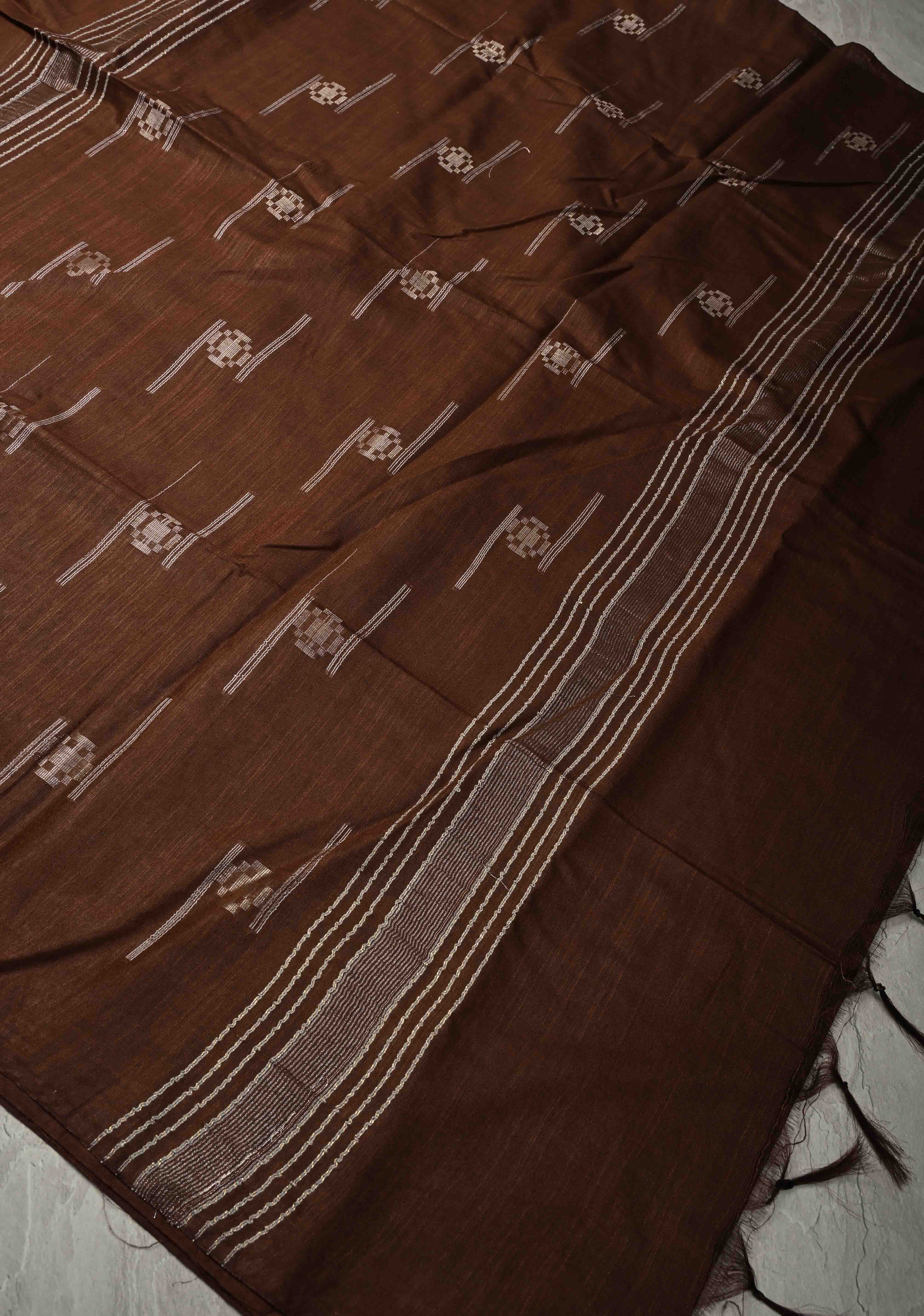 Coffe Brown Borderless Semi Tussar Saree with Thread and Zari Buttas | Shobitam
