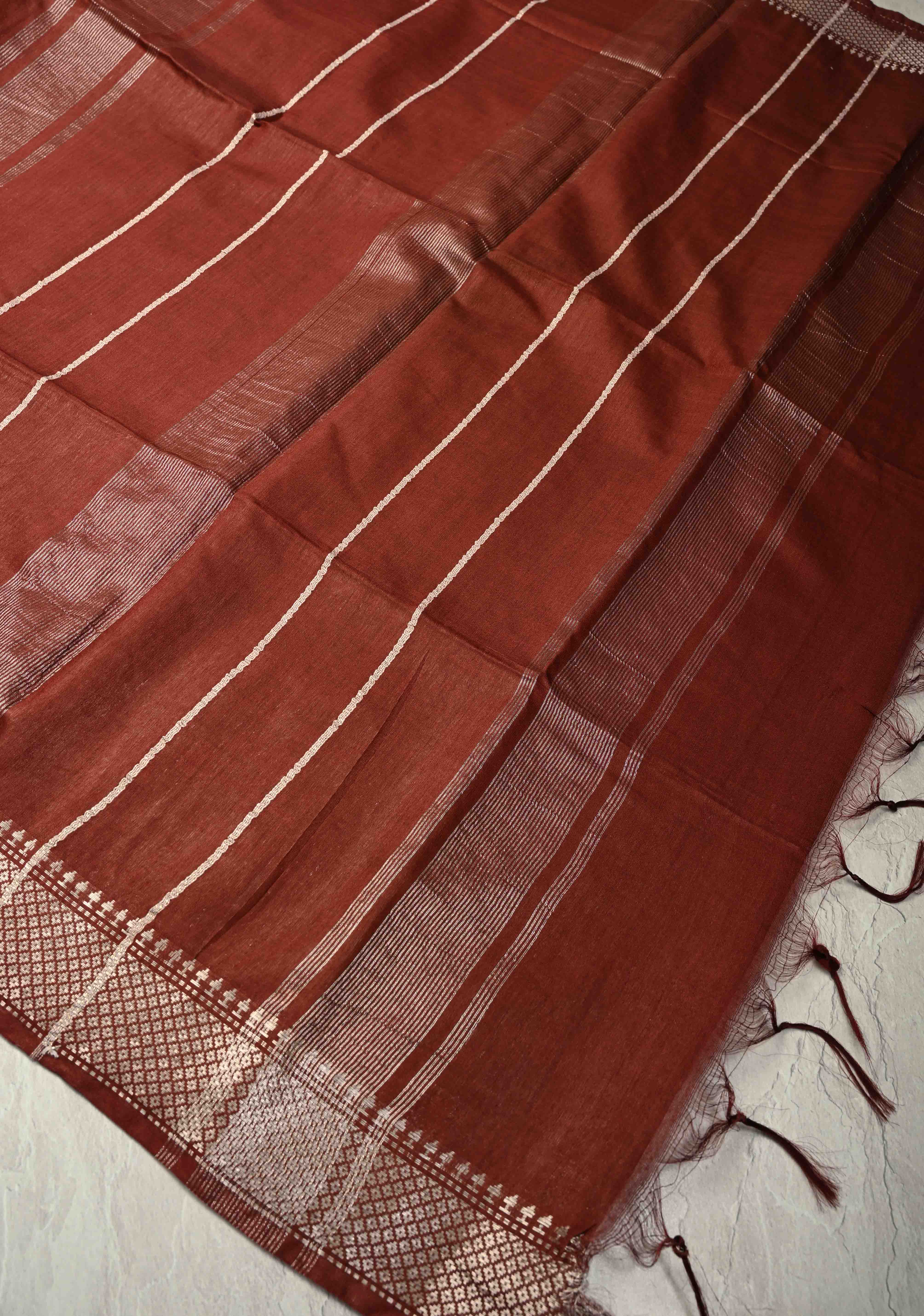 Brick Brown Semi Tussar Saree with Thread Buttas and Silver Zari Border | Shobitam