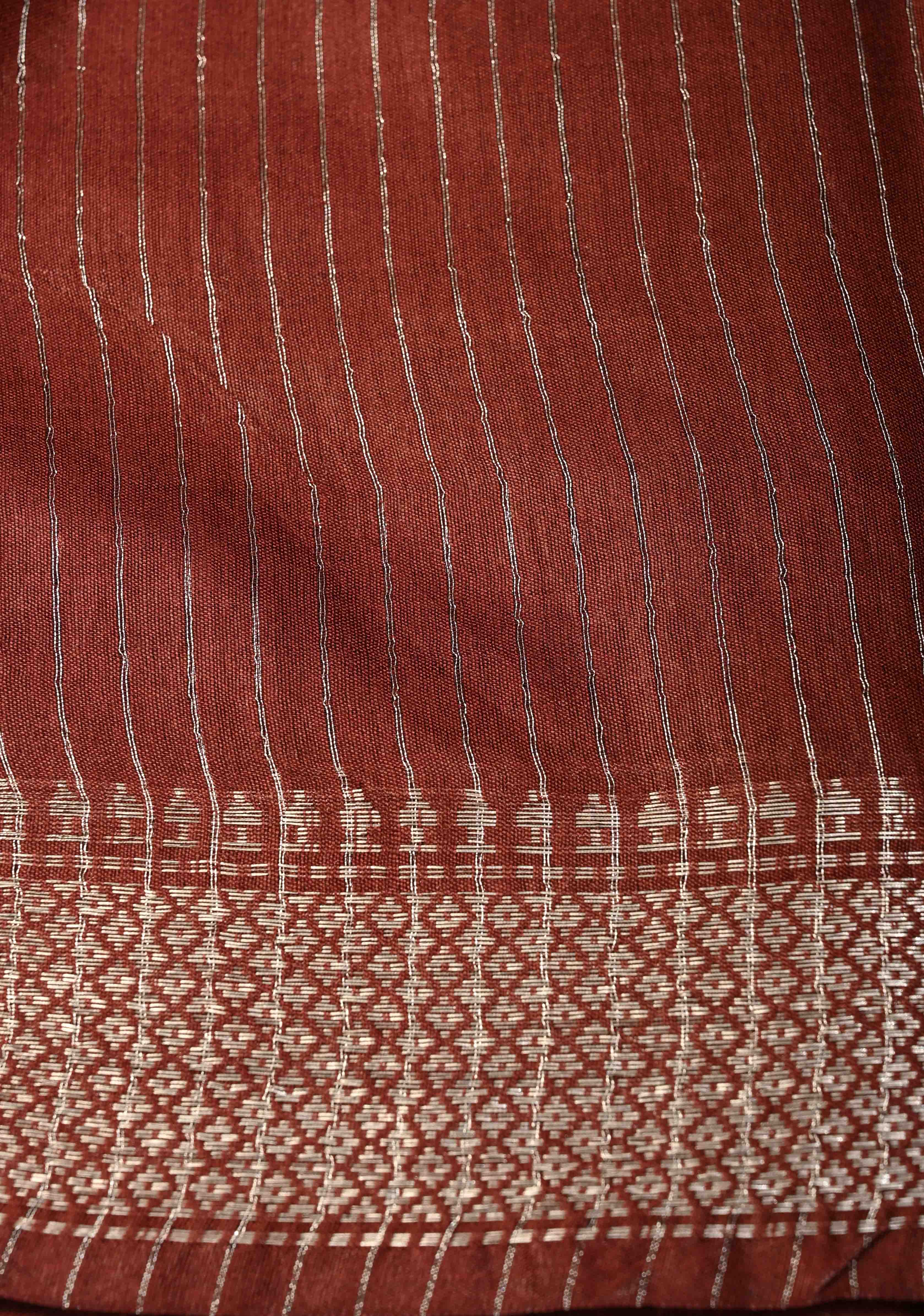 Brick Brown Semi Tussar Saree with Thread Buttas and Silver Zari Border | Shobitam