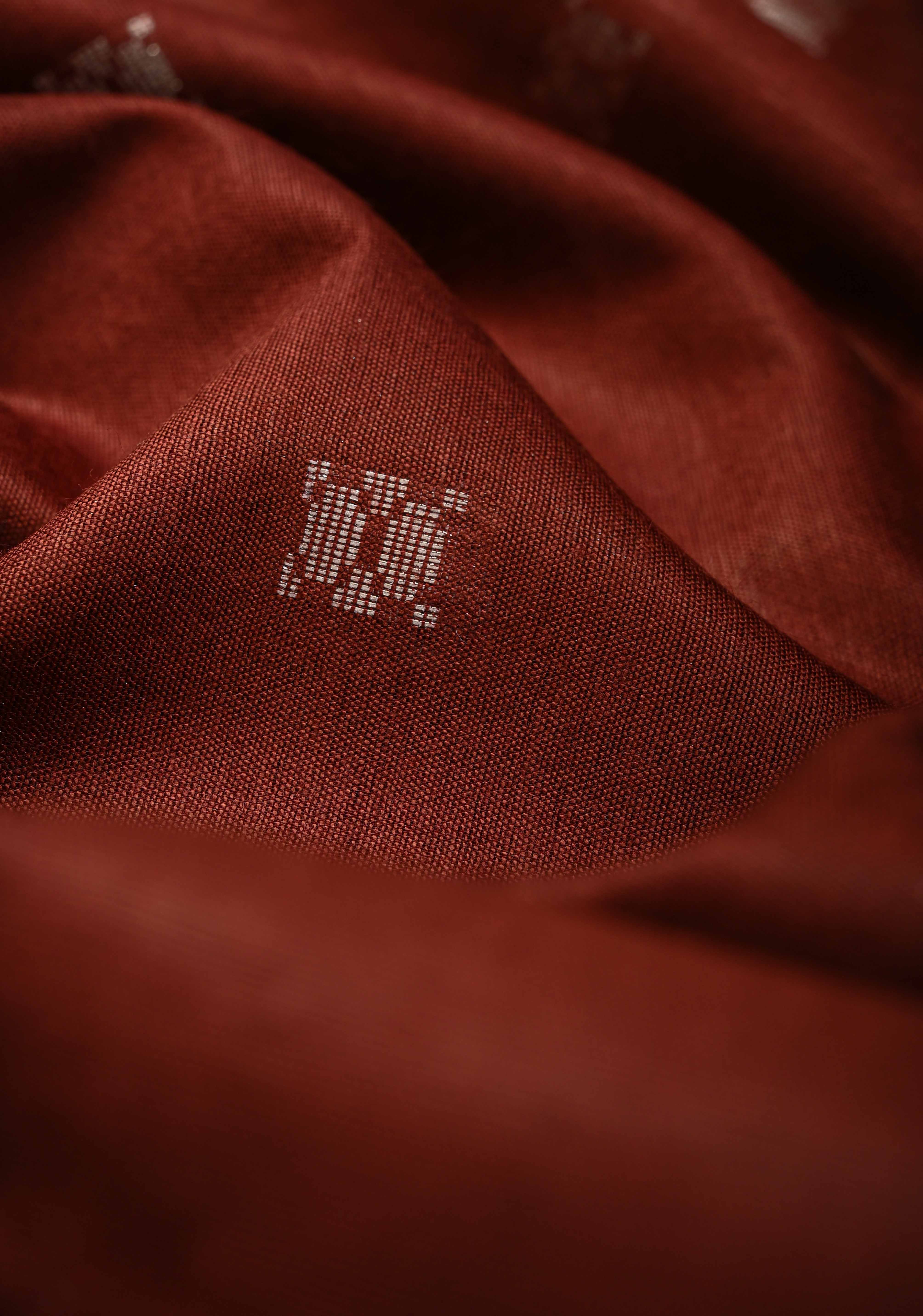 Brick Brown Semi Tussar Saree with Thread Buttas and Silver Zari Border | Shobitam