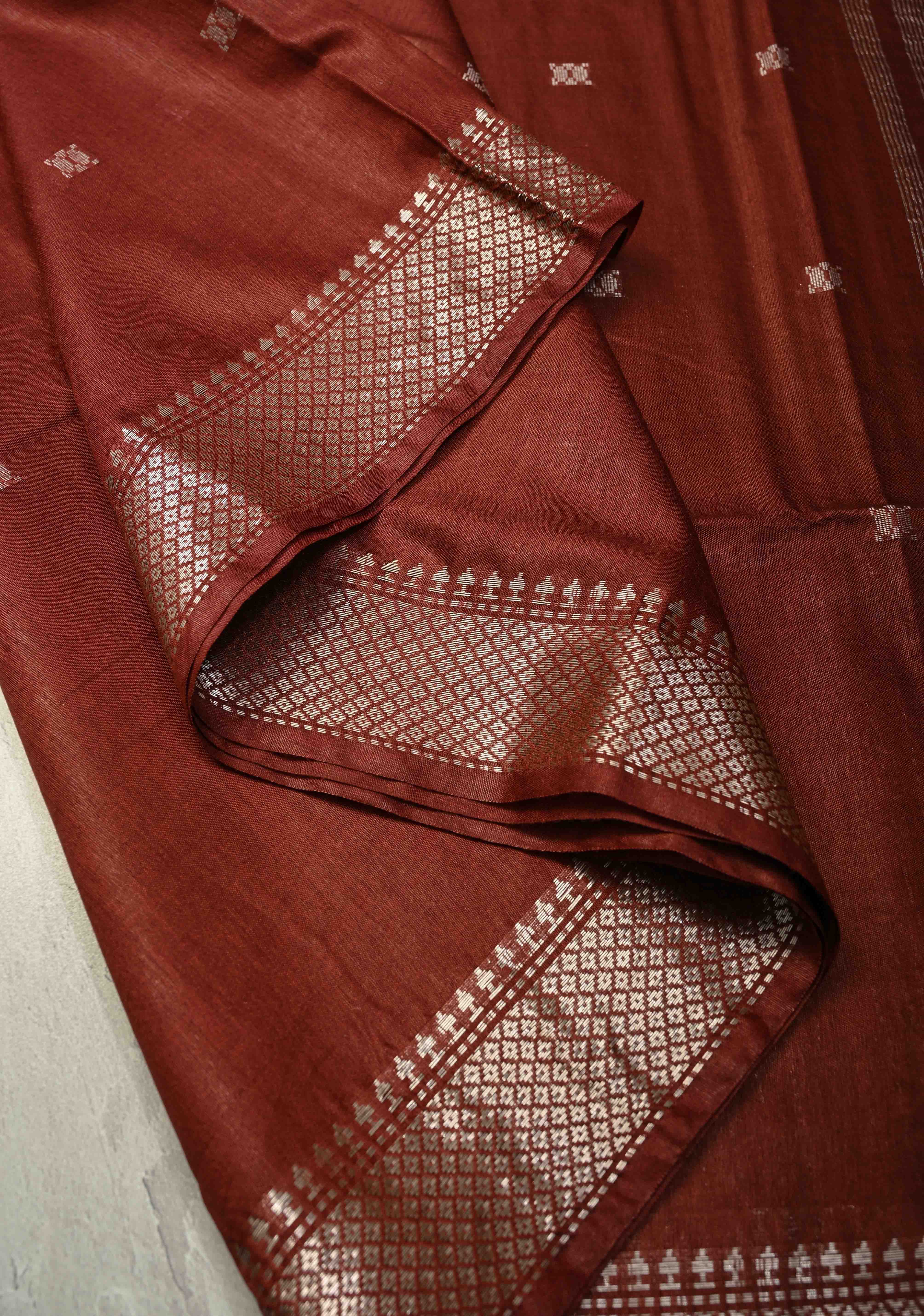 Brick Brown Semi Tussar Saree with Thread Buttas and Silver Zari Border | Shobitam