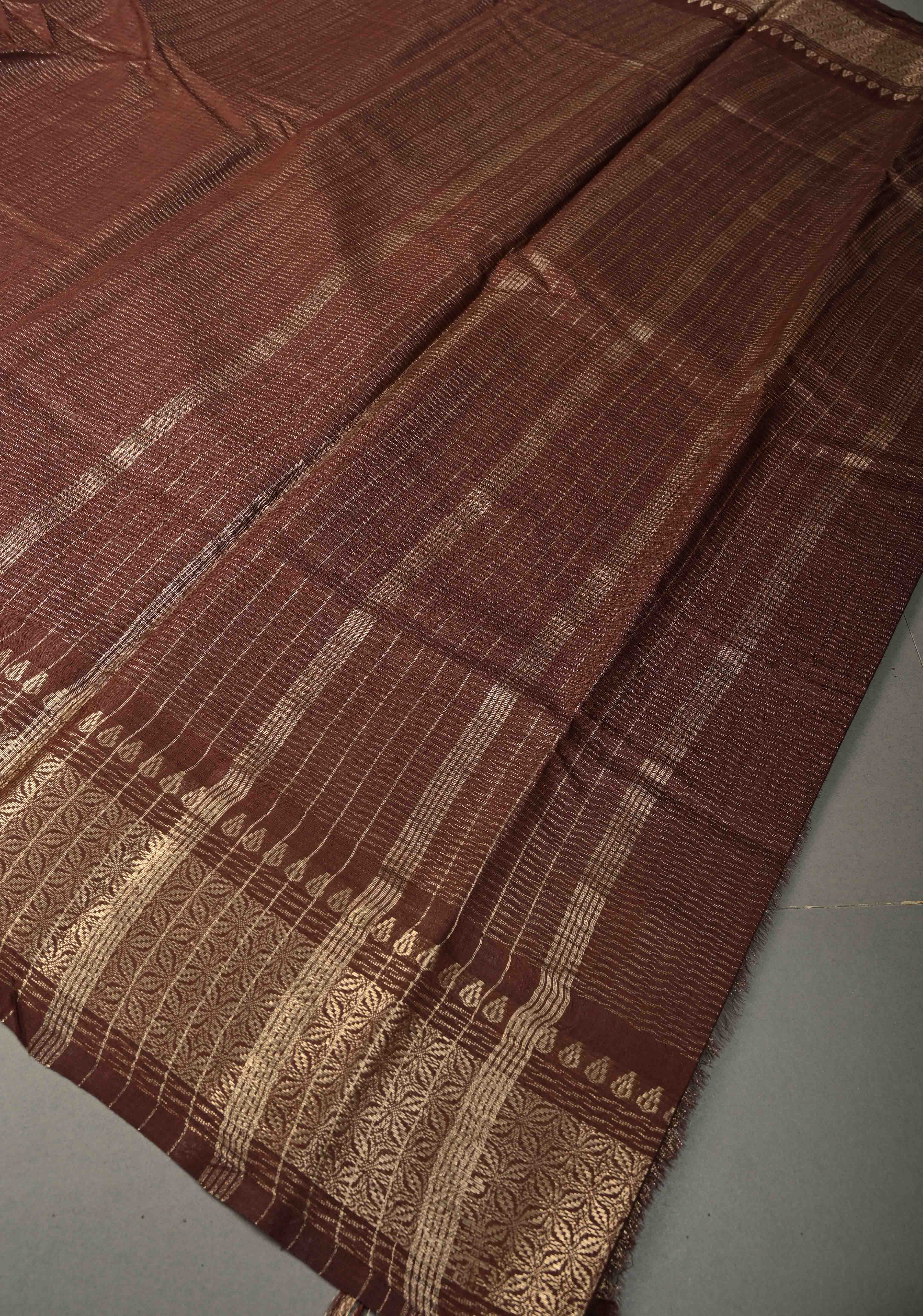 Coffee Brown Semi Tussar Tissue Saree with Zari Border | Shobitam
